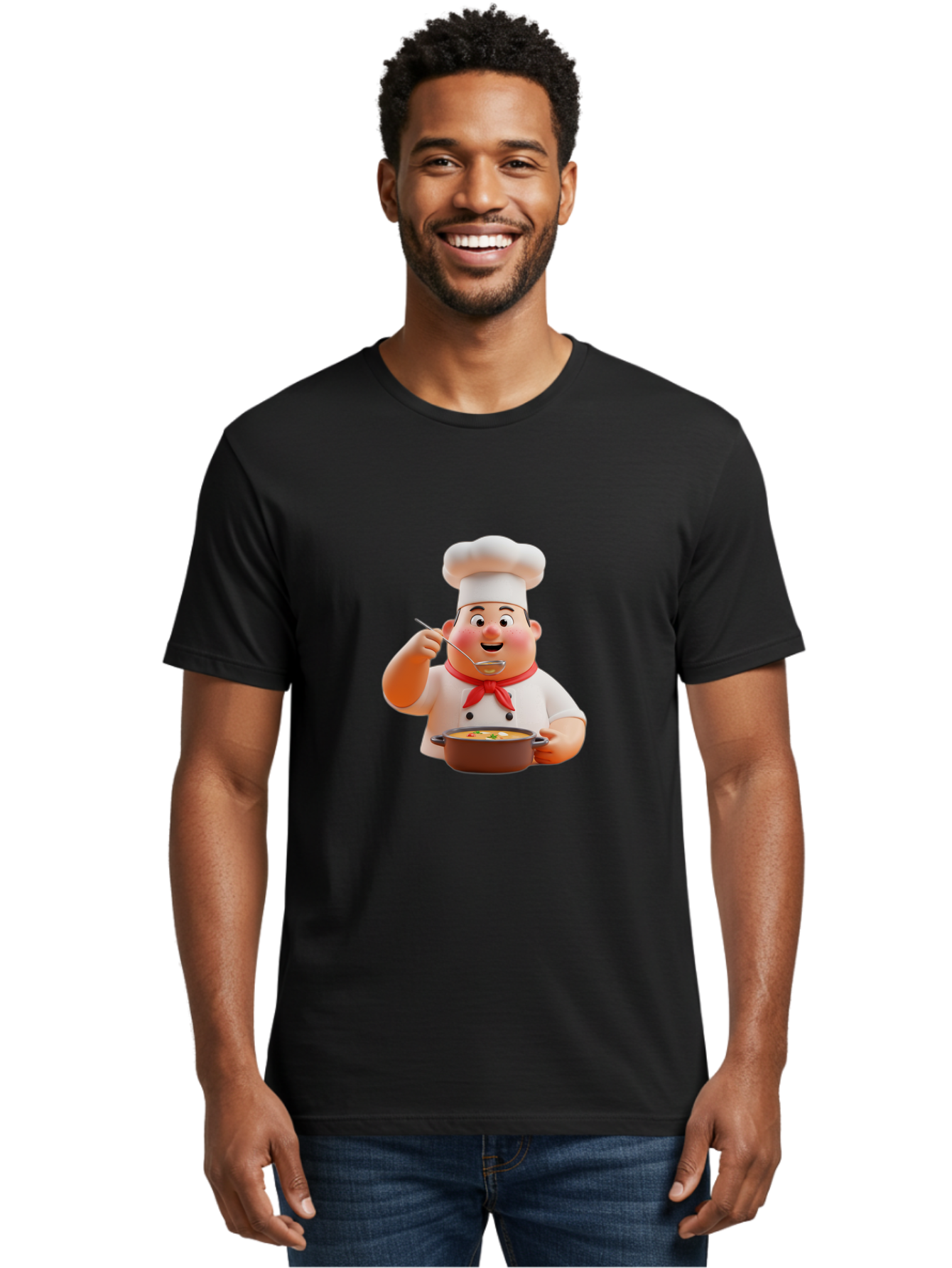 Chef-Tasting-Soup Men'S Graphic Tee, 100% Cotton, Comfortable Casual Summer Wear, Machine Washable, Chef Holding Pot, Serving Soup, Culinary Art, Chef Hat, Red Scarf, Cooking, Delicious Meal, Gourmet Cuisine, Savory Flavors, Food Presentation, Bac839
