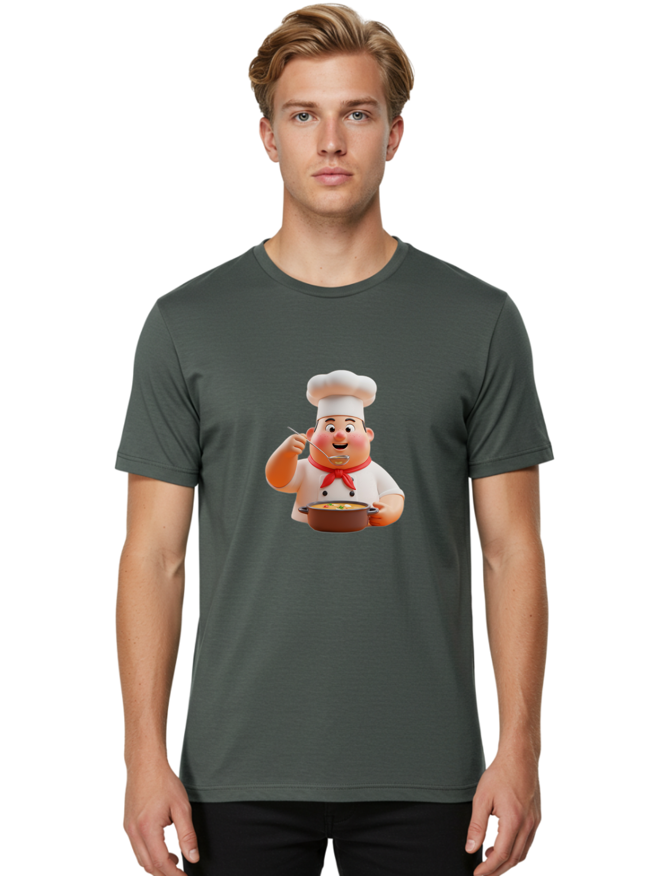 Chef-Tasting-Soup Men'S Graphic Tee, 100% Cotton, Comfortable Casual Summer Wear, Machine Washable, Chef Holding Pot, Serving Soup, Culinary Art, Chef Hat, Red Scarf, Cooking, Delicious Meal, Gourmet Cuisine, Savory Flavors, Food Presentation, Bac839