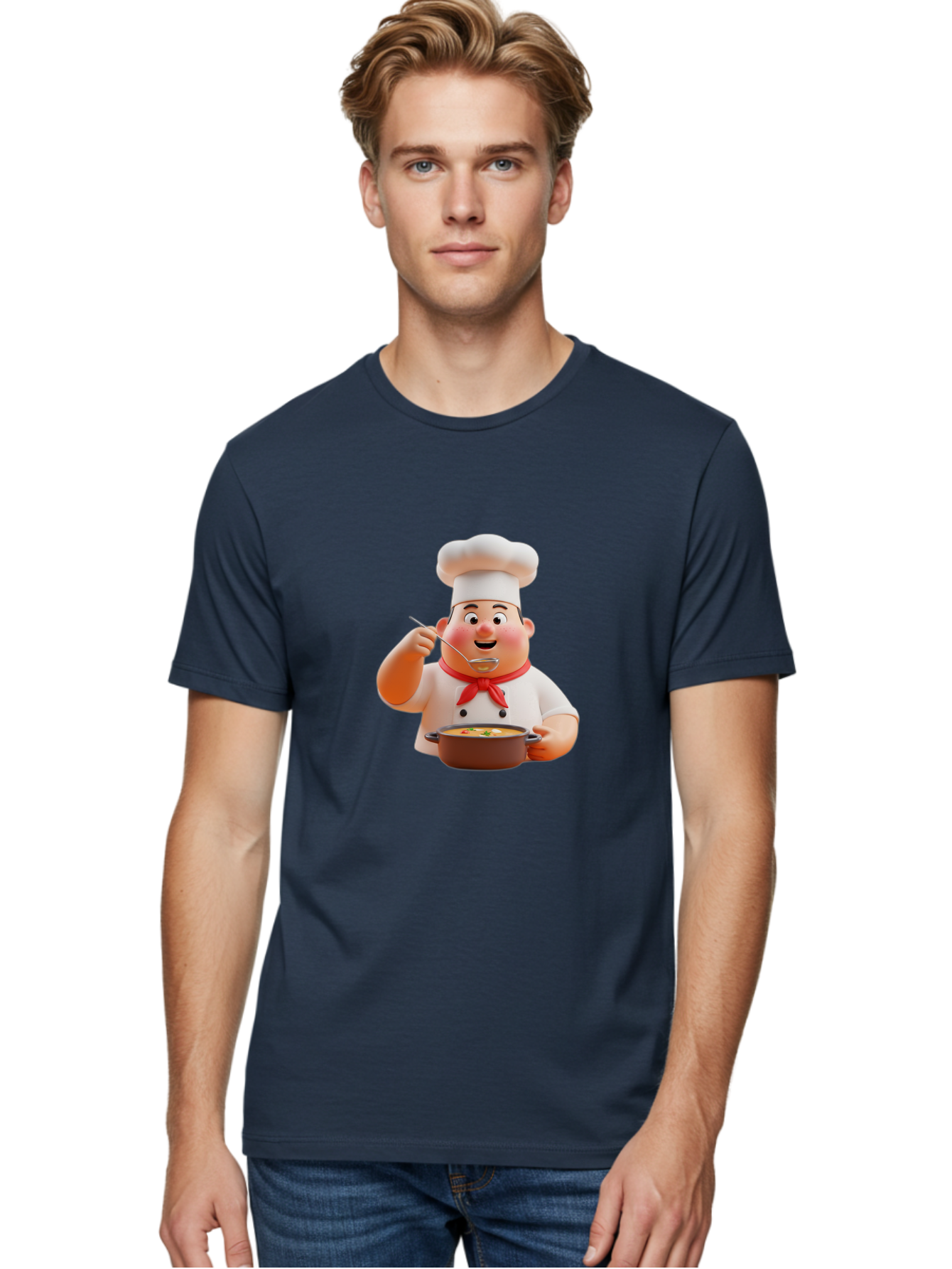 Chef-Tasting-Soup Men'S Graphic Tee, 100% Cotton, Comfortable Casual Summer Wear, Machine Washable, Chef Holding Pot, Serving Soup, Culinary Art, Chef Hat, Red Scarf, Cooking, Delicious Meal, Gourmet Cuisine, Savory Flavors, Food Presentation, Bac839