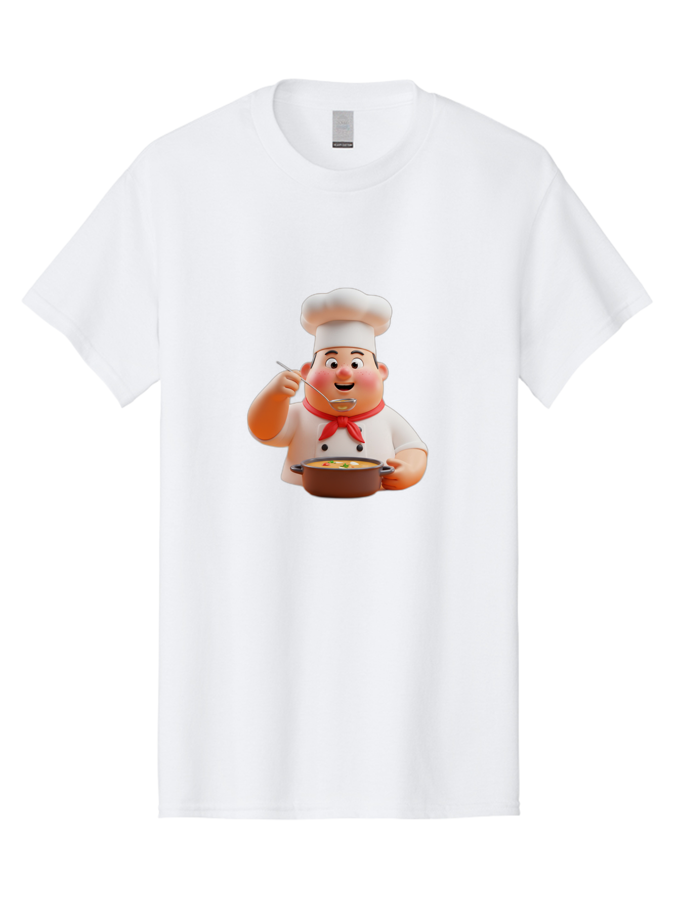 Chef-Tasting-Soup Men'S Graphic Tee, 100% Cotton, Comfortable Casual Summer Wear, Machine Washable, Chef Holding Pot, Serving Soup, Culinary Art, Chef Hat, Red Scarf, Cooking, Delicious Meal, Gourmet Cuisine, Savory Flavors, Food Presentation, Bac839