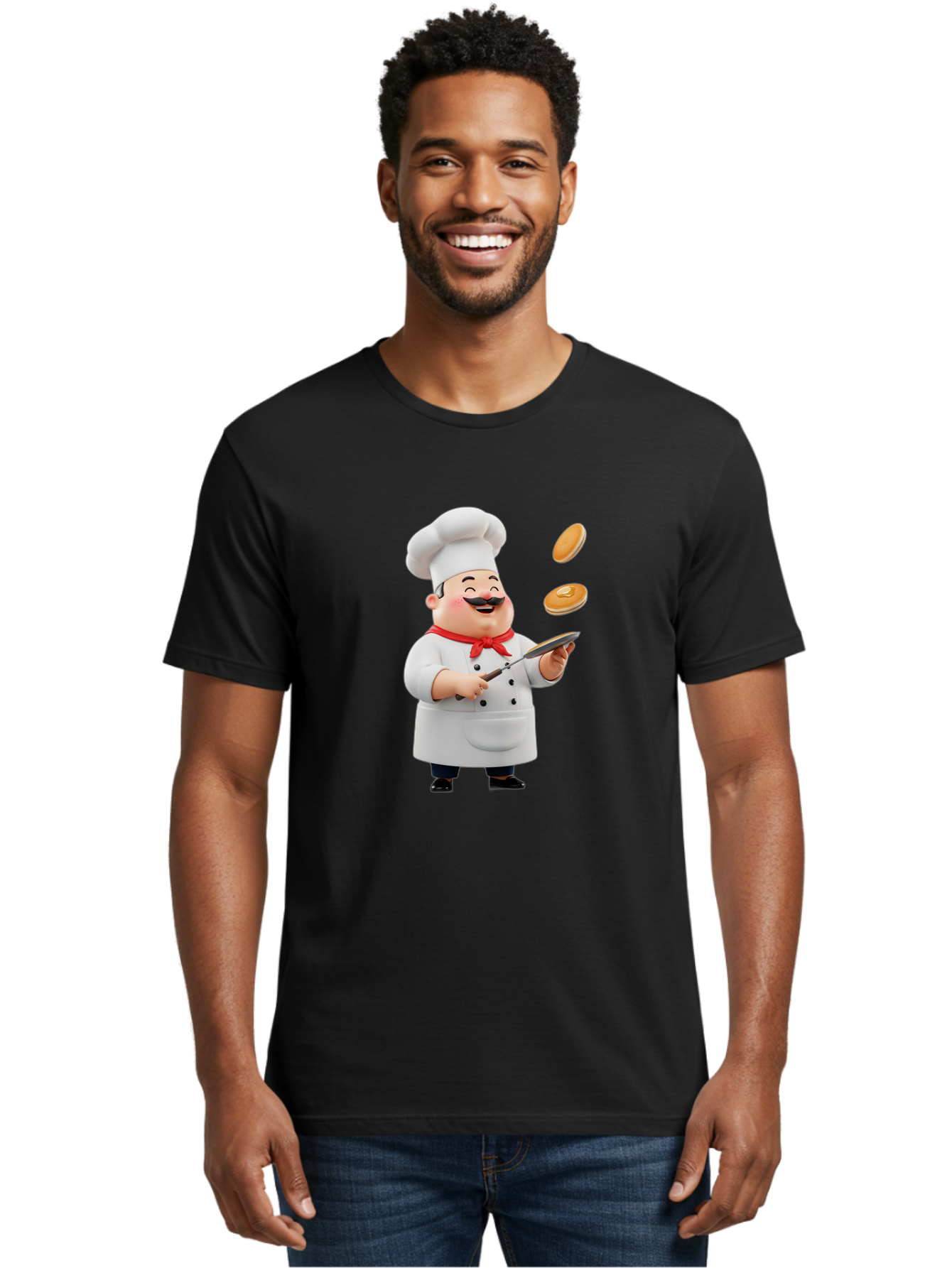 Chef-Tossing-Pancakes Men'S Graphic Tee, 100% Cotton, Comfortable Casual Summer Wear, Machine Washable, Chef Cooking Pancakes, Happy Chef, Kitchen Fun, Breakfast Cooking, Food Preparation, Chef Hat, Cooking With Love, Pancakes In Air, Bac840