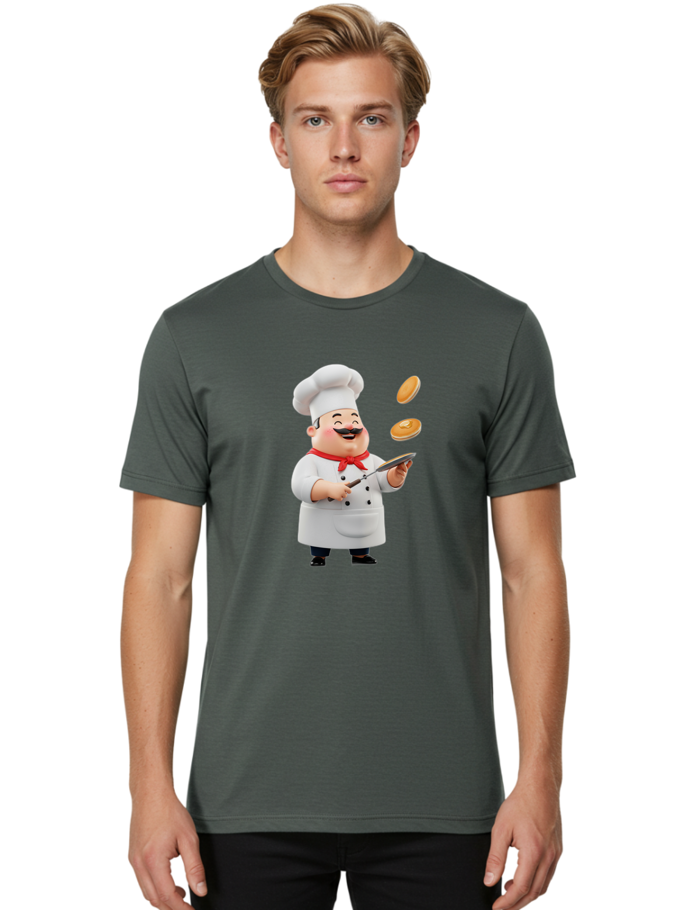 Chef-Tossing-Pancakes Men'S Graphic Tee, 100% Cotton, Comfortable Casual Summer Wear, Machine Washable, Chef Cooking Pancakes, Happy Chef, Kitchen Fun, Breakfast Cooking, Food Preparation, Chef Hat, Cooking With Love, Pancakes In Air, Bac840