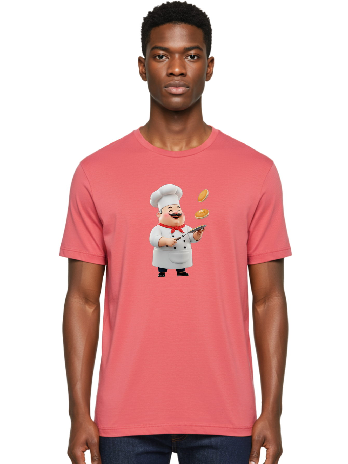 Chef-Tossing-Pancakes Men'S Graphic Tee, 100% Cotton, Comfortable Casual Summer Wear, Machine Washable, Chef Cooking Pancakes, Happy Chef, Kitchen Fun, Breakfast Cooking, Food Preparation, Chef Hat, Cooking With Love, Pancakes In Air, Bac840
