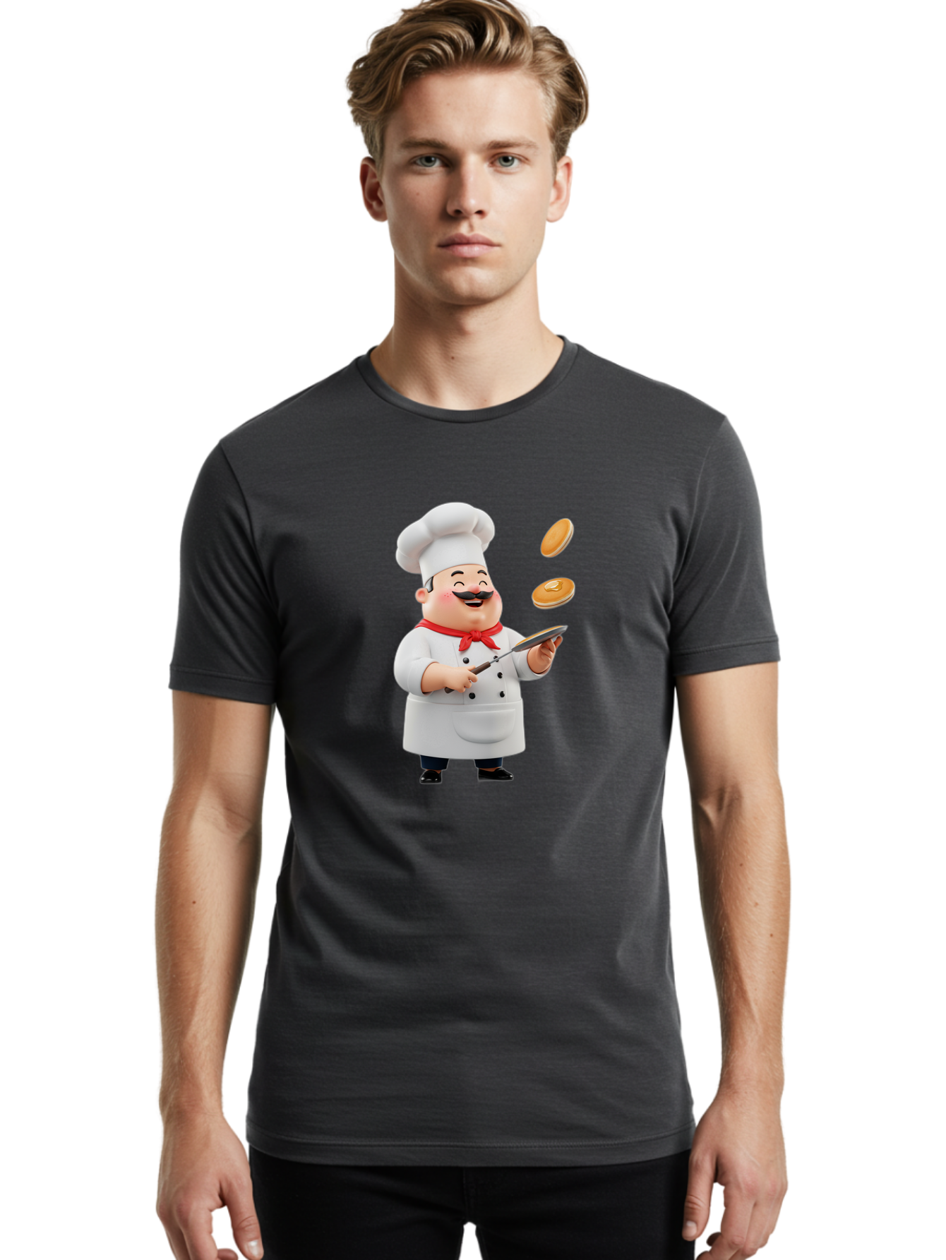 Chef-Tossing-Pancakes Men'S Graphic Tee, 100% Cotton, Comfortable Casual Summer Wear, Machine Washable, Chef Cooking Pancakes, Happy Chef, Kitchen Fun, Breakfast Cooking, Food Preparation, Chef Hat, Cooking With Love, Pancakes In Air, Bac840
