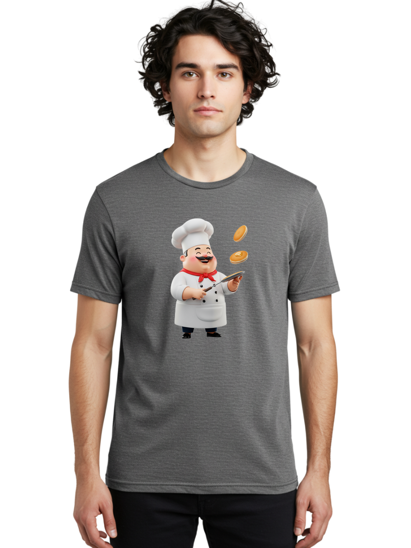 Chef-Tossing-Pancakes Men'S Graphic Tee, 100% Cotton, Comfortable Casual Summer Wear, Machine Washable, Chef Cooking Pancakes, Happy Chef, Kitchen Fun, Breakfast Cooking, Food Preparation, Chef Hat, Cooking With Love, Pancakes In Air, Bac840