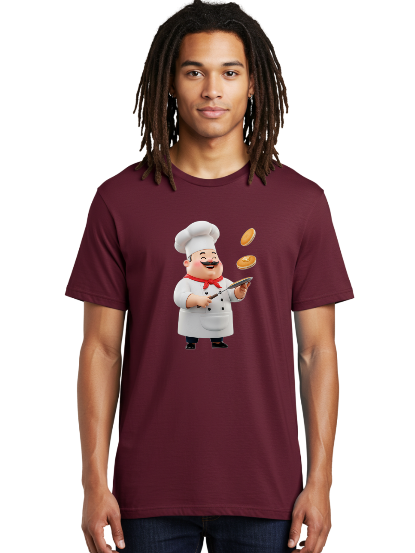 Chef-Tossing-Pancakes Men'S Graphic Tee, 100% Cotton, Comfortable Casual Summer Wear, Machine Washable, Chef Cooking Pancakes, Happy Chef, Kitchen Fun, Breakfast Cooking, Food Preparation, Chef Hat, Cooking With Love, Pancakes In Air, Bac840
