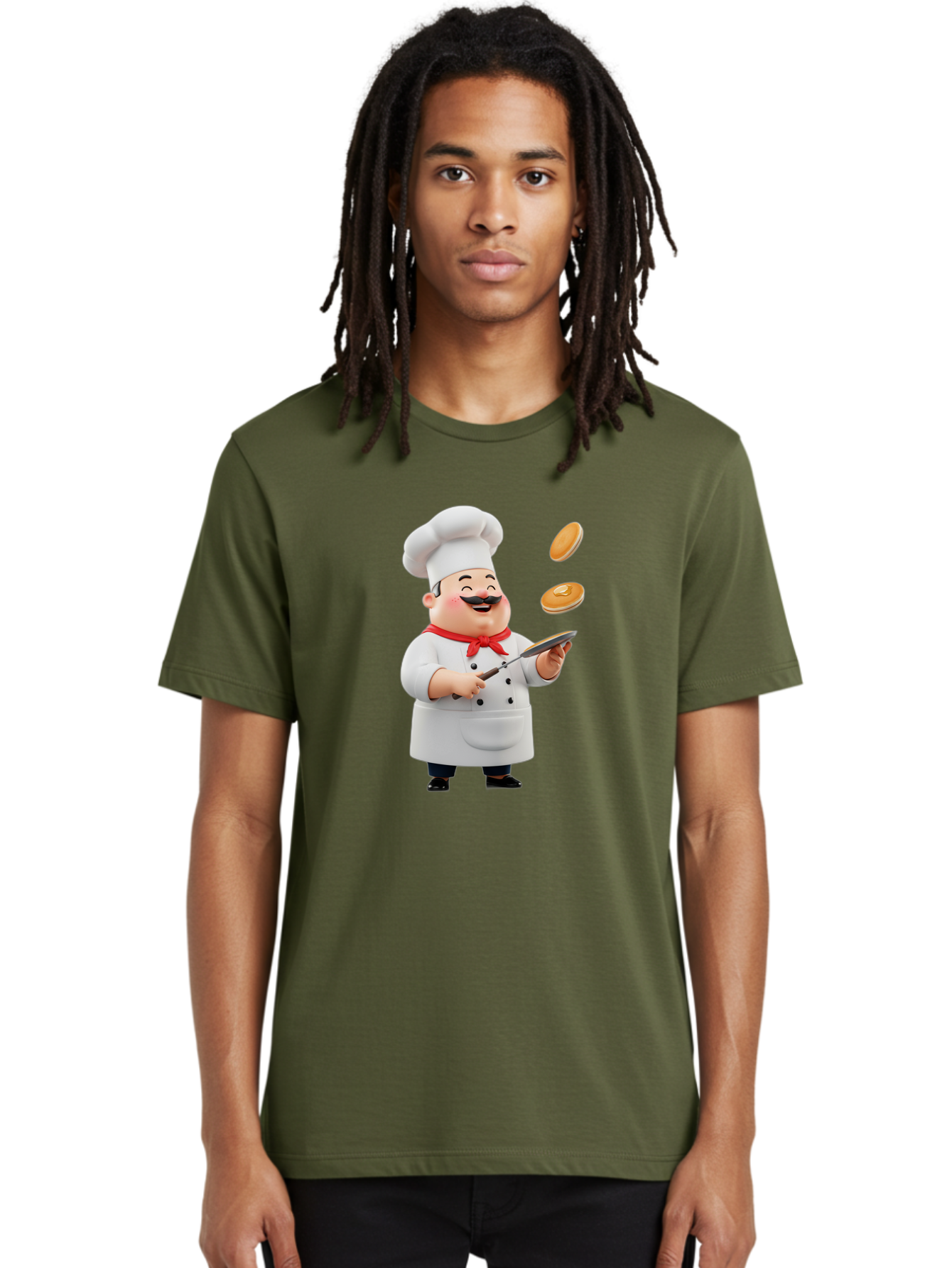 Chef-Tossing-Pancakes Men'S Graphic Tee, 100% Cotton, Comfortable Casual Summer Wear, Machine Washable, Chef Cooking Pancakes, Happy Chef, Kitchen Fun, Breakfast Cooking, Food Preparation, Chef Hat, Cooking With Love, Pancakes In Air, Bac840