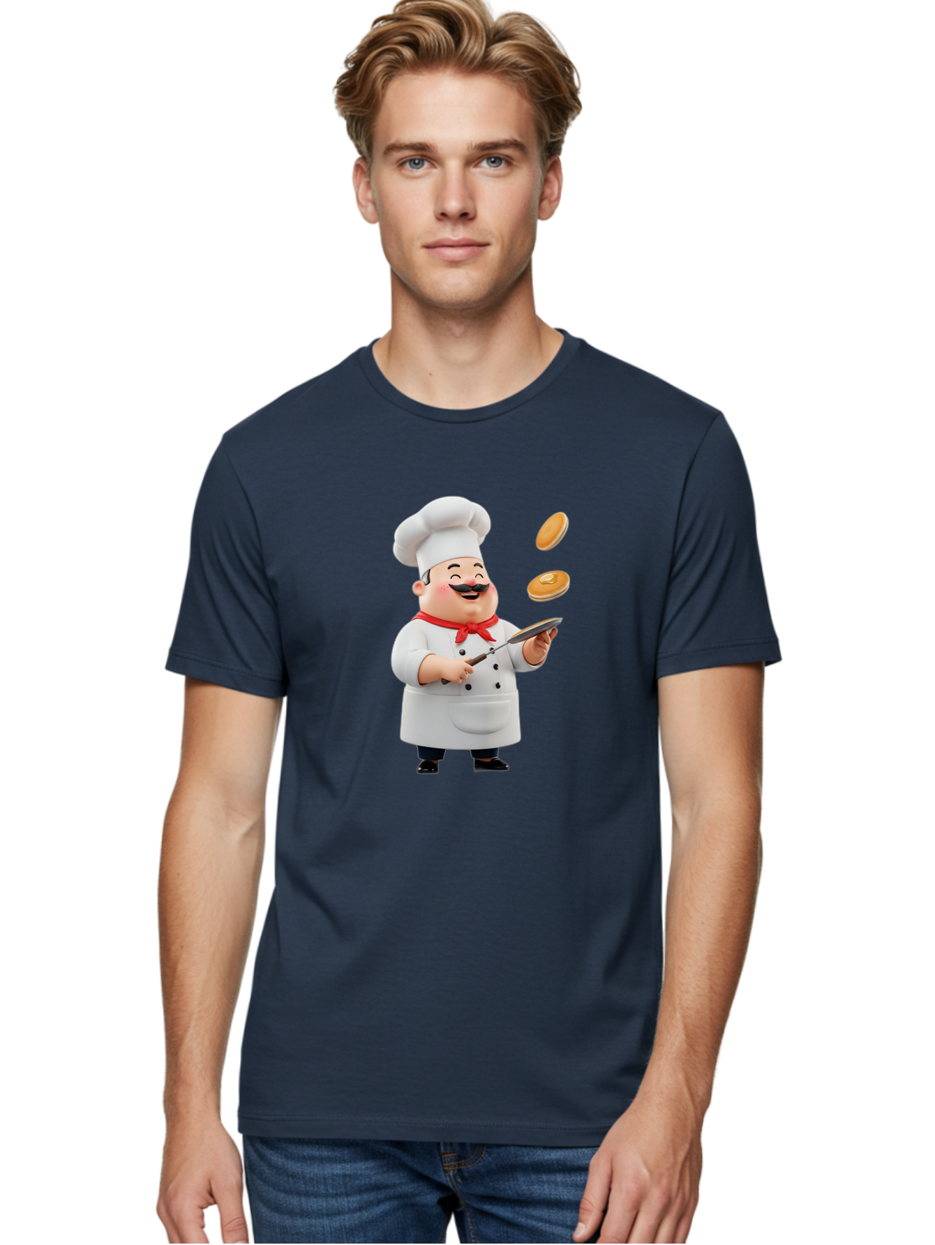 Chef-Tossing-Pancakes Men'S Graphic Tee, 100% Cotton, Comfortable Casual Summer Wear, Machine Washable, Chef Cooking Pancakes, Happy Chef, Kitchen Fun, Breakfast Cooking, Food Preparation, Chef Hat, Cooking With Love, Pancakes In Air, Bac840