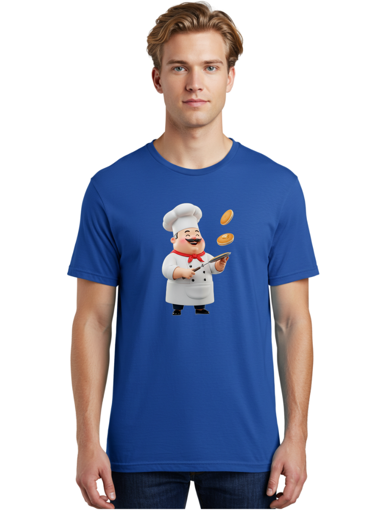 Chef-Tossing-Pancakes Men'S Graphic Tee, 100% Cotton, Comfortable Casual Summer Wear, Machine Washable, Chef Cooking Pancakes, Happy Chef, Kitchen Fun, Breakfast Cooking, Food Preparation, Chef Hat, Cooking With Love, Pancakes In Air, Bac840