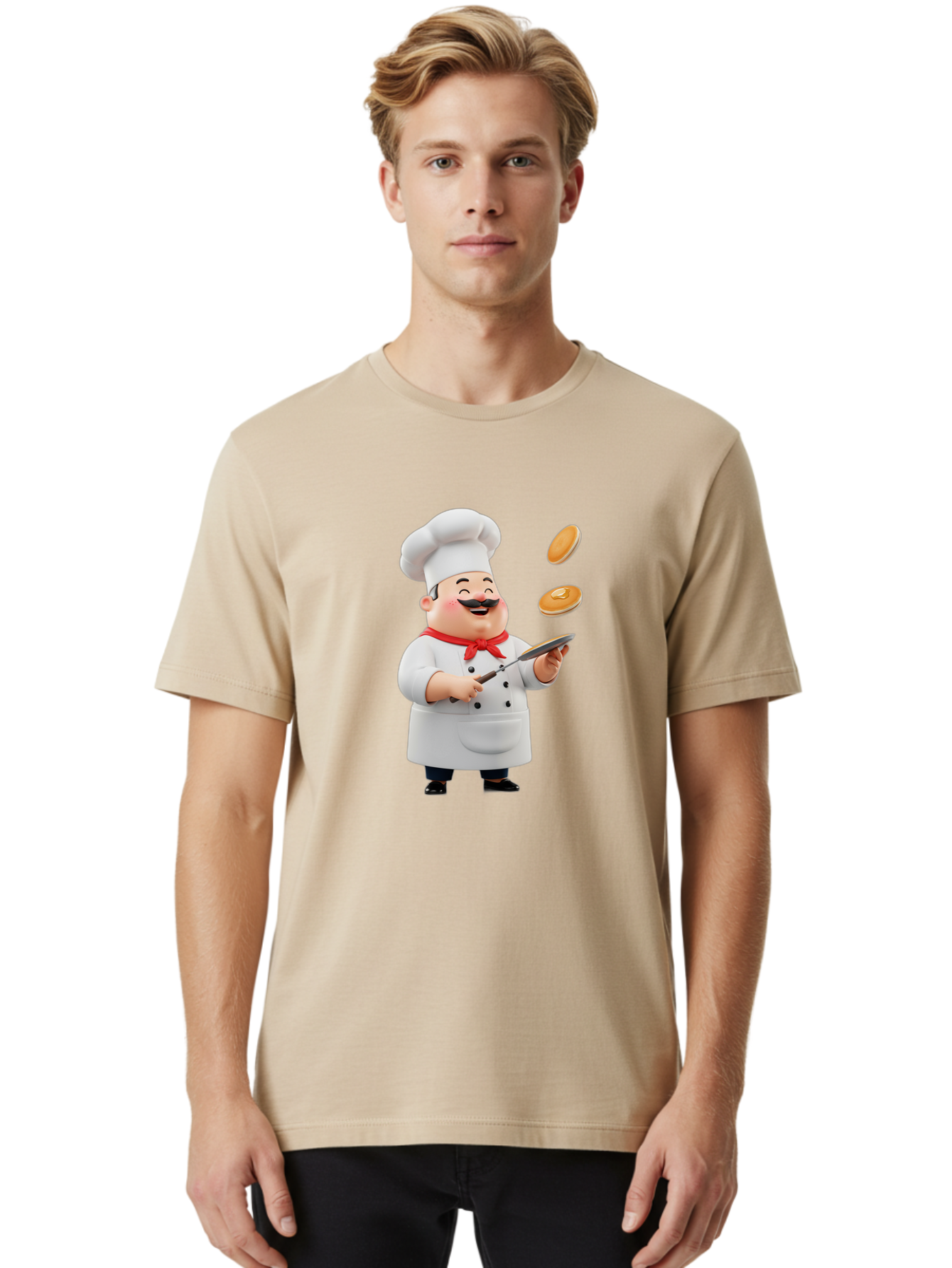 Chef-Tossing-Pancakes Men'S Graphic Tee, 100% Cotton, Comfortable Casual Summer Wear, Machine Washable, Chef Cooking Pancakes, Happy Chef, Kitchen Fun, Breakfast Cooking, Food Preparation, Chef Hat, Cooking With Love, Pancakes In Air, Bac840