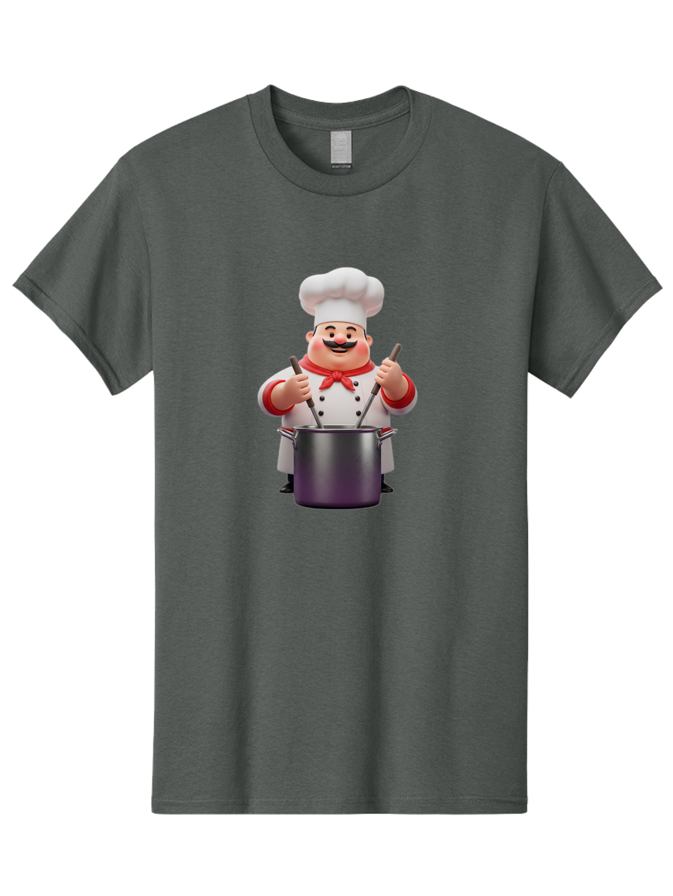 Chef-With-Mustache Men'S Graphic Tee, 100% Cotton, Comfortable Casual Summer Wear, Machine Washable, Cartoon Chef, Cooking Utensils, Kitchen Tools, Chef Hat, Chef Coat, Red Neckerchief, Mustache, Large Pot, Cooking Spoons, Culinary Art, Bac842