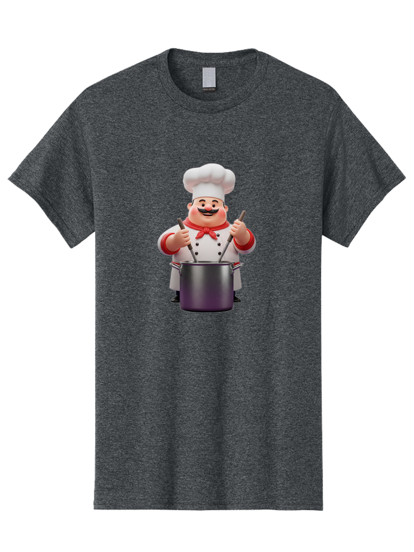 Chef-With-Mustache Men'S Graphic Tee, 100% Cotton, Comfortable Casual Summer Wear, Machine Washable, Cartoon Chef, Cooking Utensils, Kitchen Tools, Chef Hat, Chef Coat, Red Neckerchief, Mustache, Large Pot, Cooking Spoons, Culinary Art, Bac842