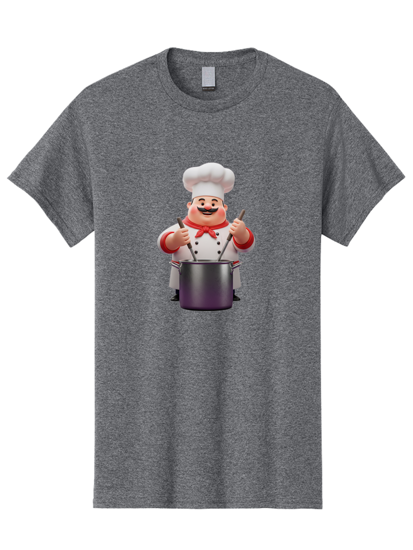 Chef-With-Mustache Men'S Graphic Tee, 100% Cotton, Comfortable Casual Summer Wear, Machine Washable, Cartoon Chef, Cooking Utensils, Kitchen Tools, Chef Hat, Chef Coat, Red Neckerchief, Mustache, Large Pot, Cooking Spoons, Culinary Art, Bac842