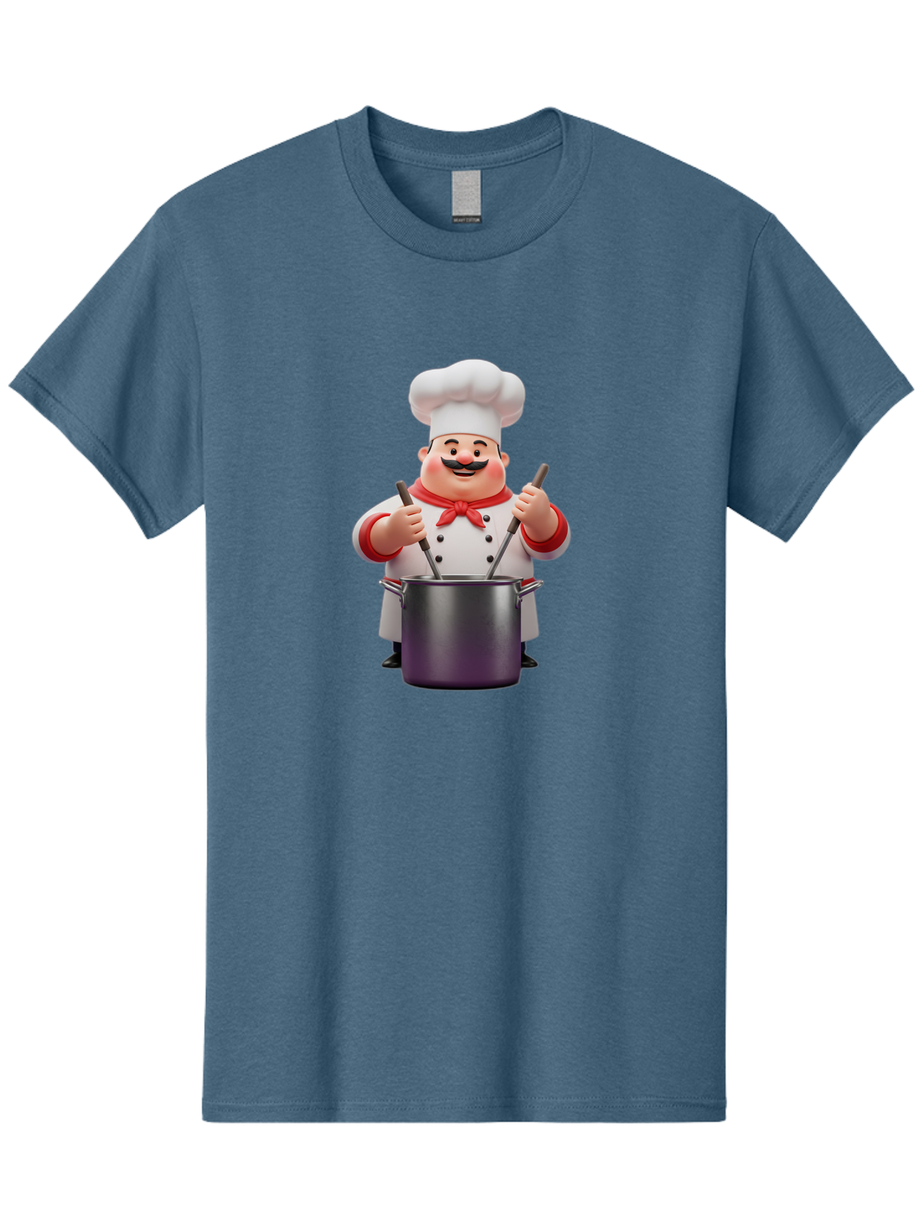 Chef-With-Mustache Men'S Graphic Tee, 100% Cotton, Comfortable Casual Summer Wear, Machine Washable, Cartoon Chef, Cooking Utensils, Kitchen Tools, Chef Hat, Chef Coat, Red Neckerchief, Mustache, Large Pot, Cooking Spoons, Culinary Art, Bac842
