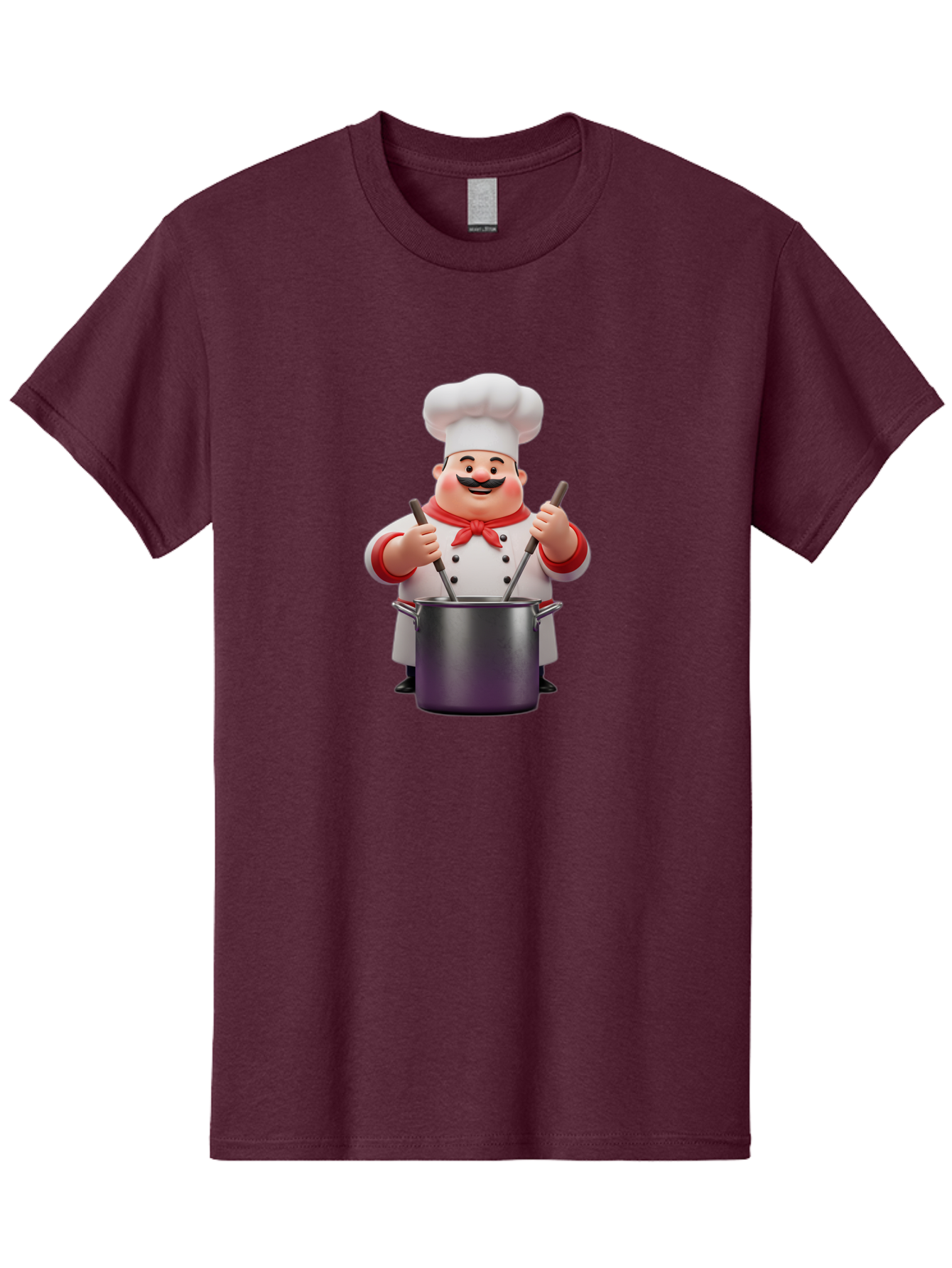 Chef-With-Mustache Men'S Graphic Tee, 100% Cotton, Comfortable Casual Summer Wear, Machine Washable, Cartoon Chef, Cooking Utensils, Kitchen Tools, Chef Hat, Chef Coat, Red Neckerchief, Mustache, Large Pot, Cooking Spoons, Culinary Art, Bac842