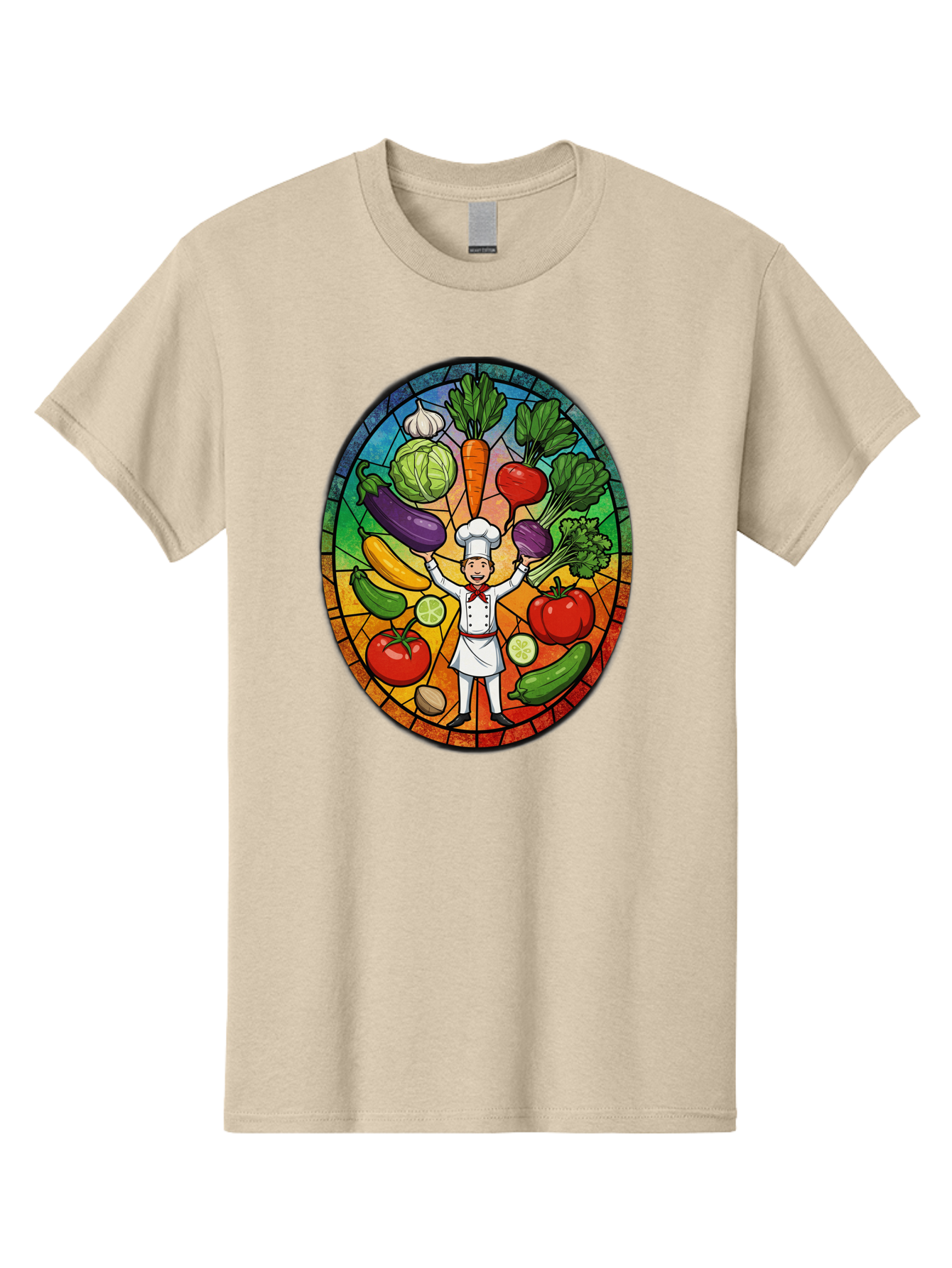 Chef-With-Vegetables Men'S Graphic Tee, 100% Cotton, Comfortable Casual Summer Wear, Machine Washable, Cartoon Chef, Fresh Vegetables, Healthy Food, Stained Glass Style, Vibrant Colors, Chef'S Hat, White Uniform, Red Scarf, Happy Chef, Bac843