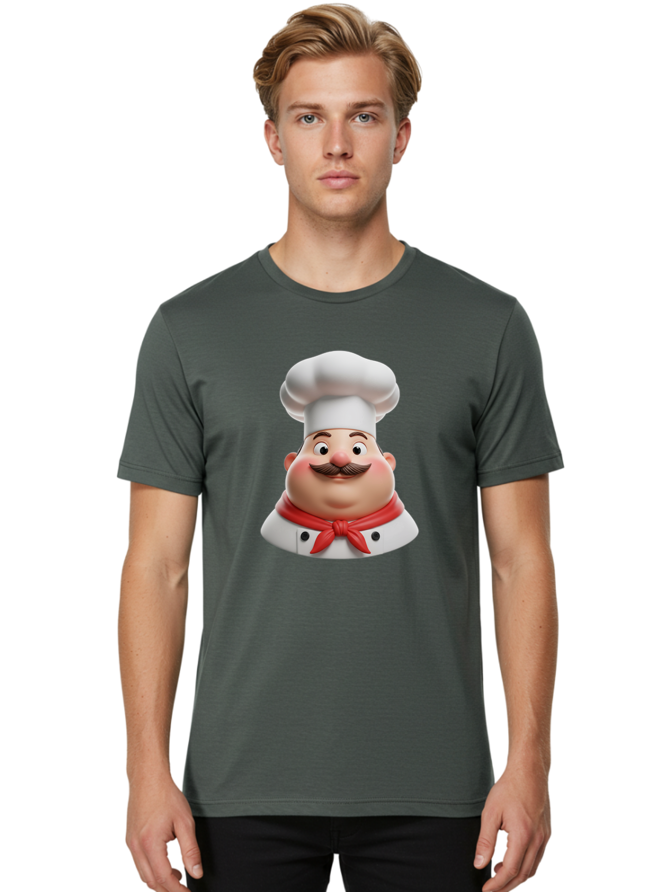 Chef Men'S Graphic Tee, 100% Cotton, Comfortable Casual Summer Wear, Machine Washable, Cartoon Chef, Smiling Man, Mustache, White Hat, Red Scarf, Chef'S Uniform, Cooking, Culinary Arts, Kitchen, Food Preparation Bac844