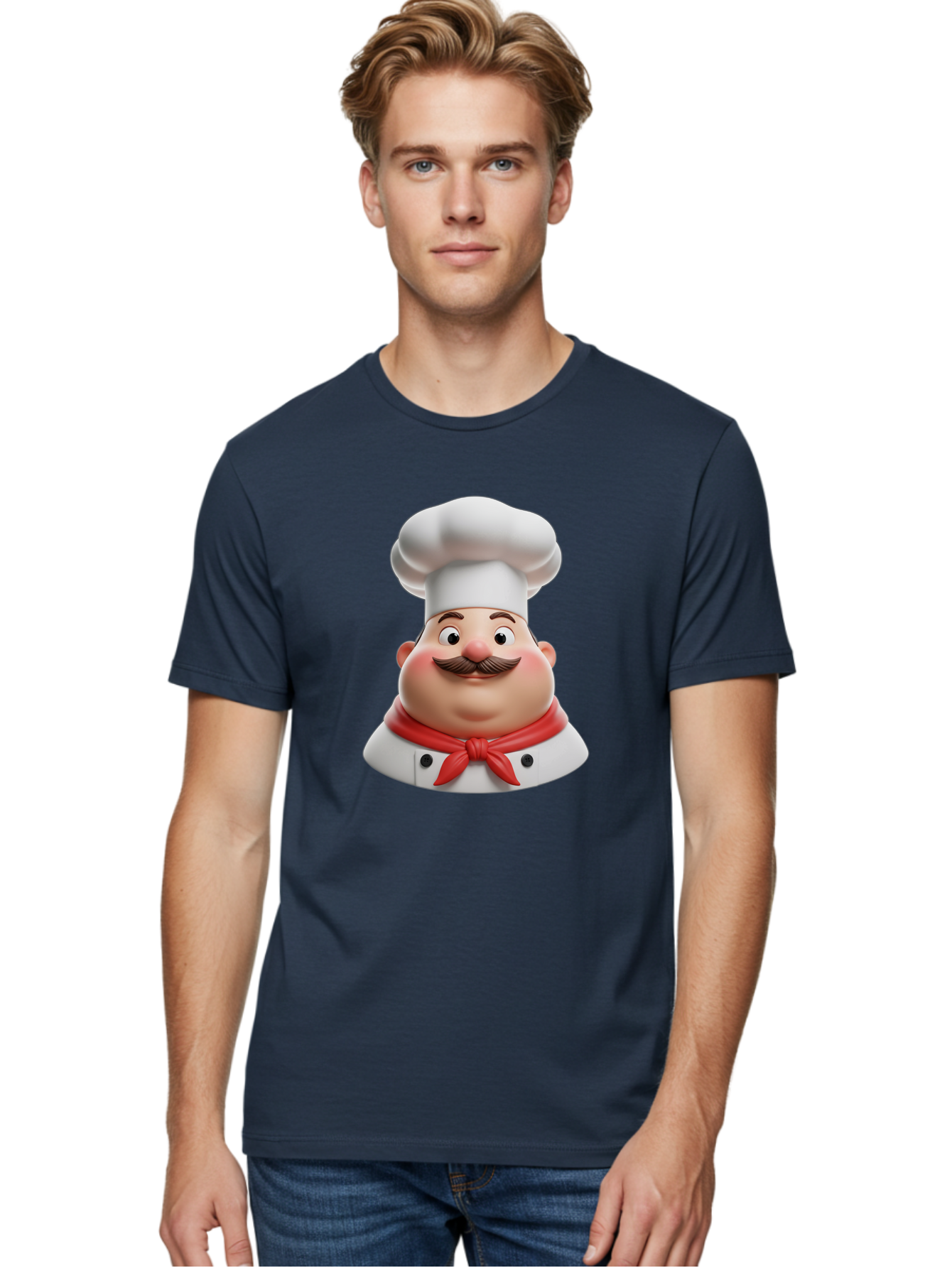 Chef Men'S Graphic Tee, 100% Cotton, Comfortable Casual Summer Wear, Machine Washable, Cartoon Chef, Smiling Man, Mustache, White Hat, Red Scarf, Chef'S Uniform, Cooking, Culinary Arts, Kitchen, Food Preparation Bac844