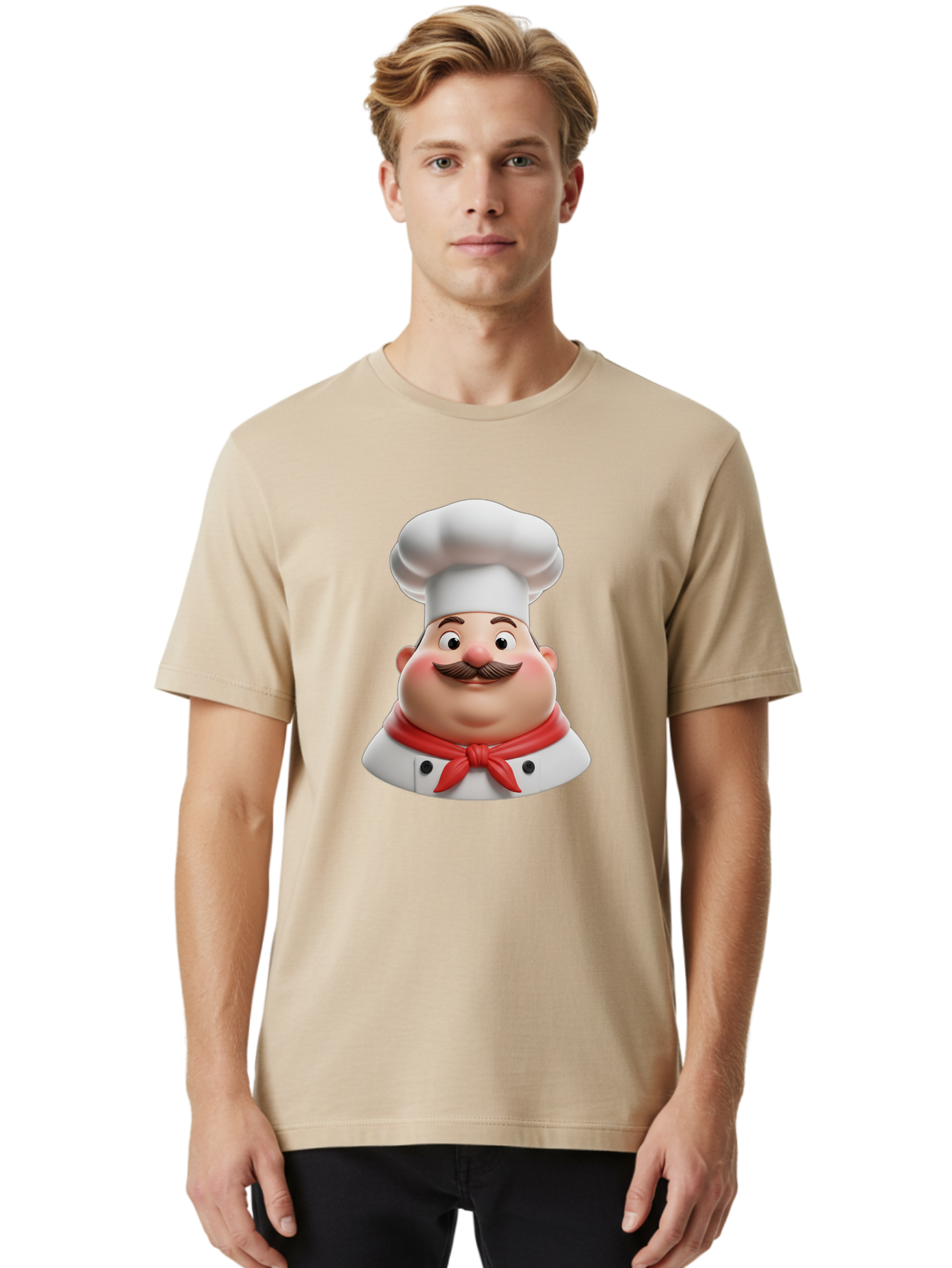 Chef Men'S Graphic Tee, 100% Cotton, Comfortable Casual Summer Wear, Machine Washable, Cartoon Chef, Smiling Man, Mustache, White Hat, Red Scarf, Chef'S Uniform, Cooking, Culinary Arts, Kitchen, Food Preparation Bac844