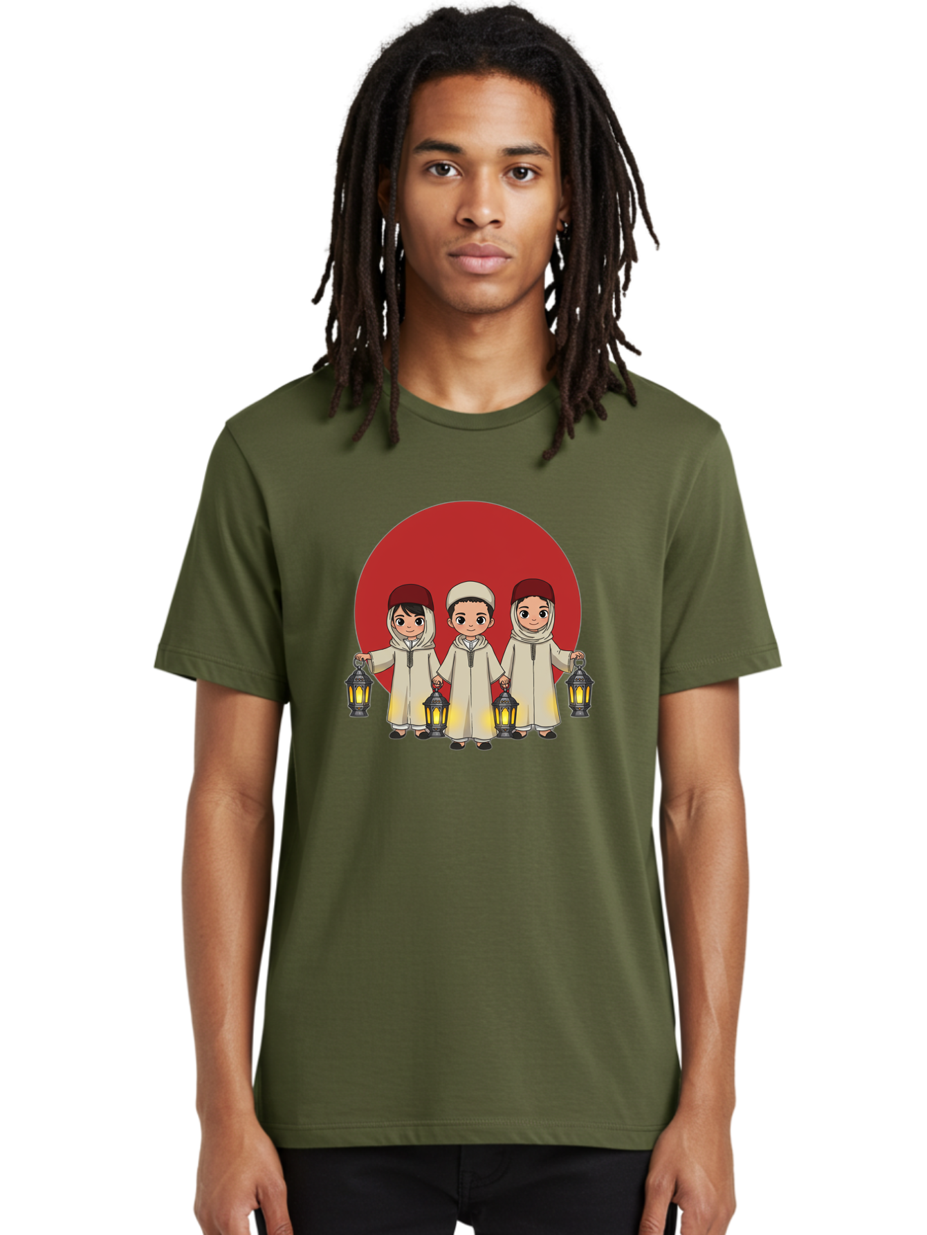 Children-With-Lanterns-1 Men'S Graphic Tee, 100% Cotton, Comfortable Casual Summer Wear, Machine Washable, Children In Traditional Clothing, Holding Lanterns, Ramadan Celebration, Islamic Culture, Festive Atmosphere, Happy Kids, Bac845