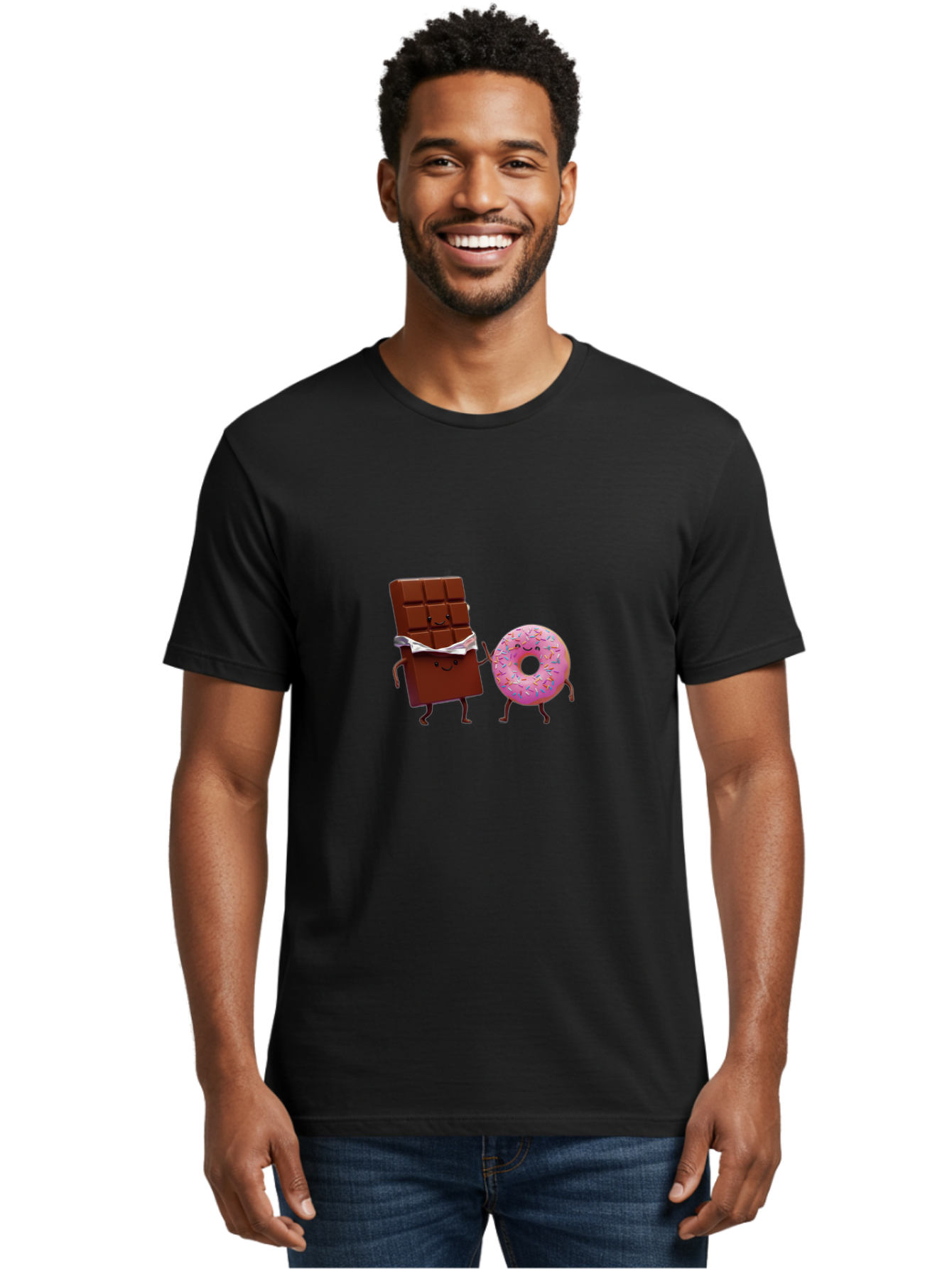 Chocolate-And-Donut Men'S Graphic Tee, 100% Cotton, Comfortable Casual Summer Wear, Machine Washable, Chocolate Bar, Donut With Sprinkles, Cartoon Characters, Sweet Treats, Dessert Lovers, Pastry, Baked Goods, Cute Graphic, Food Illustration Bac847