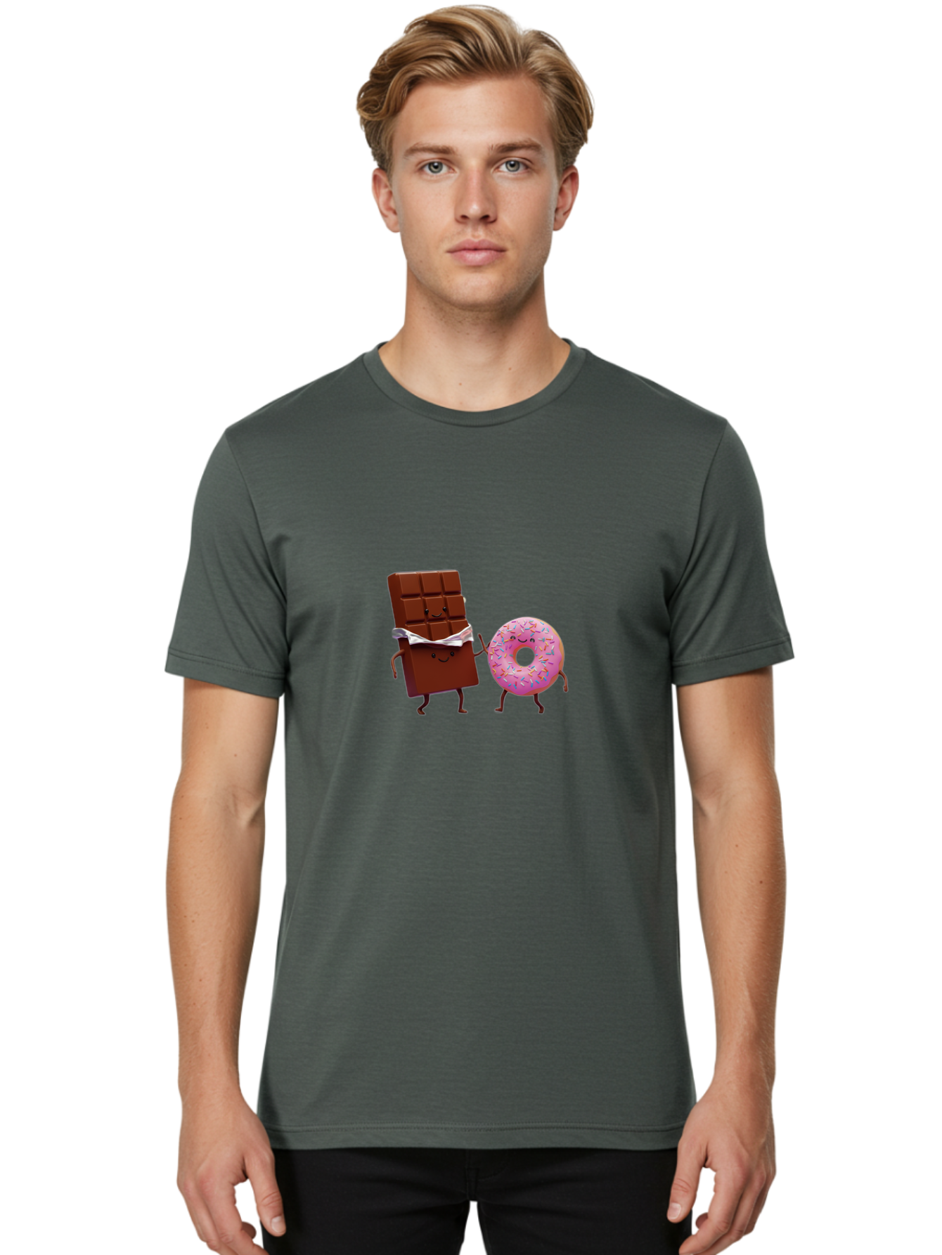 Chocolate-And-Donut Men'S Graphic Tee, 100% Cotton, Comfortable Casual Summer Wear, Machine Washable, Chocolate Bar, Donut With Sprinkles, Cartoon Characters, Sweet Treats, Dessert Lovers, Pastry, Baked Goods, Cute Graphic, Food Illustration Bac847