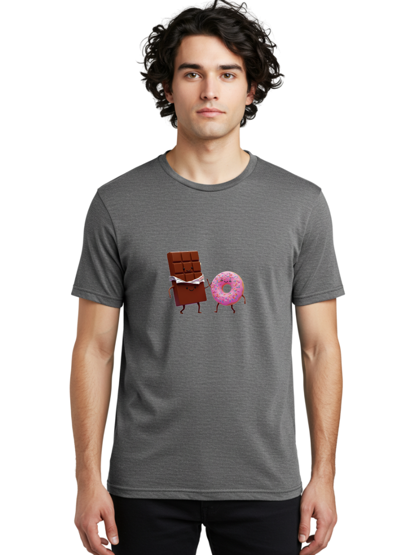 Chocolate-And-Donut Men'S Graphic Tee, 100% Cotton, Comfortable Casual Summer Wear, Machine Washable, Chocolate Bar, Donut With Sprinkles, Cartoon Characters, Sweet Treats, Dessert Lovers, Pastry, Baked Goods, Cute Graphic, Food Illustration Bac847