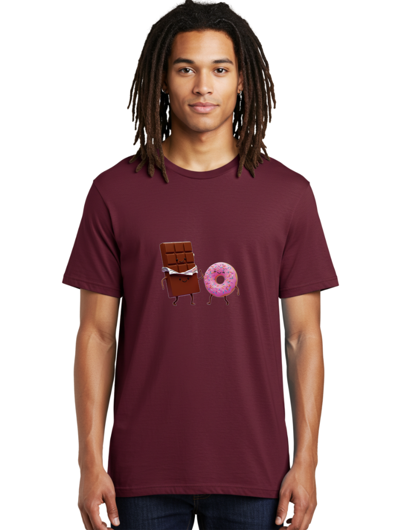 Chocolate-And-Donut Men'S Graphic Tee, 100% Cotton, Comfortable Casual Summer Wear, Machine Washable, Chocolate Bar, Donut With Sprinkles, Cartoon Characters, Sweet Treats, Dessert Lovers, Pastry, Baked Goods, Cute Graphic, Food Illustration Bac847