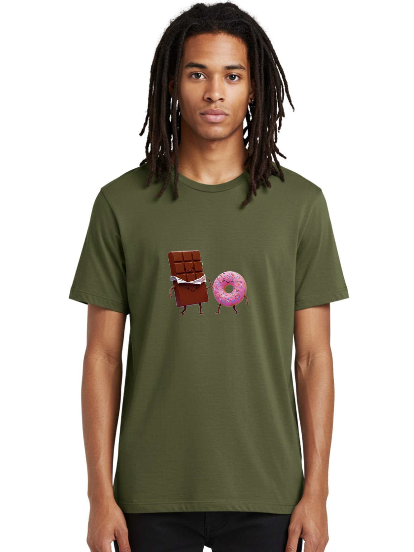 Chocolate-And-Donut Men'S Graphic Tee, 100% Cotton, Comfortable Casual Summer Wear, Machine Washable, Chocolate Bar, Donut With Sprinkles, Cartoon Characters, Sweet Treats, Dessert Lovers, Pastry, Baked Goods, Cute Graphic, Food Illustration Bac847