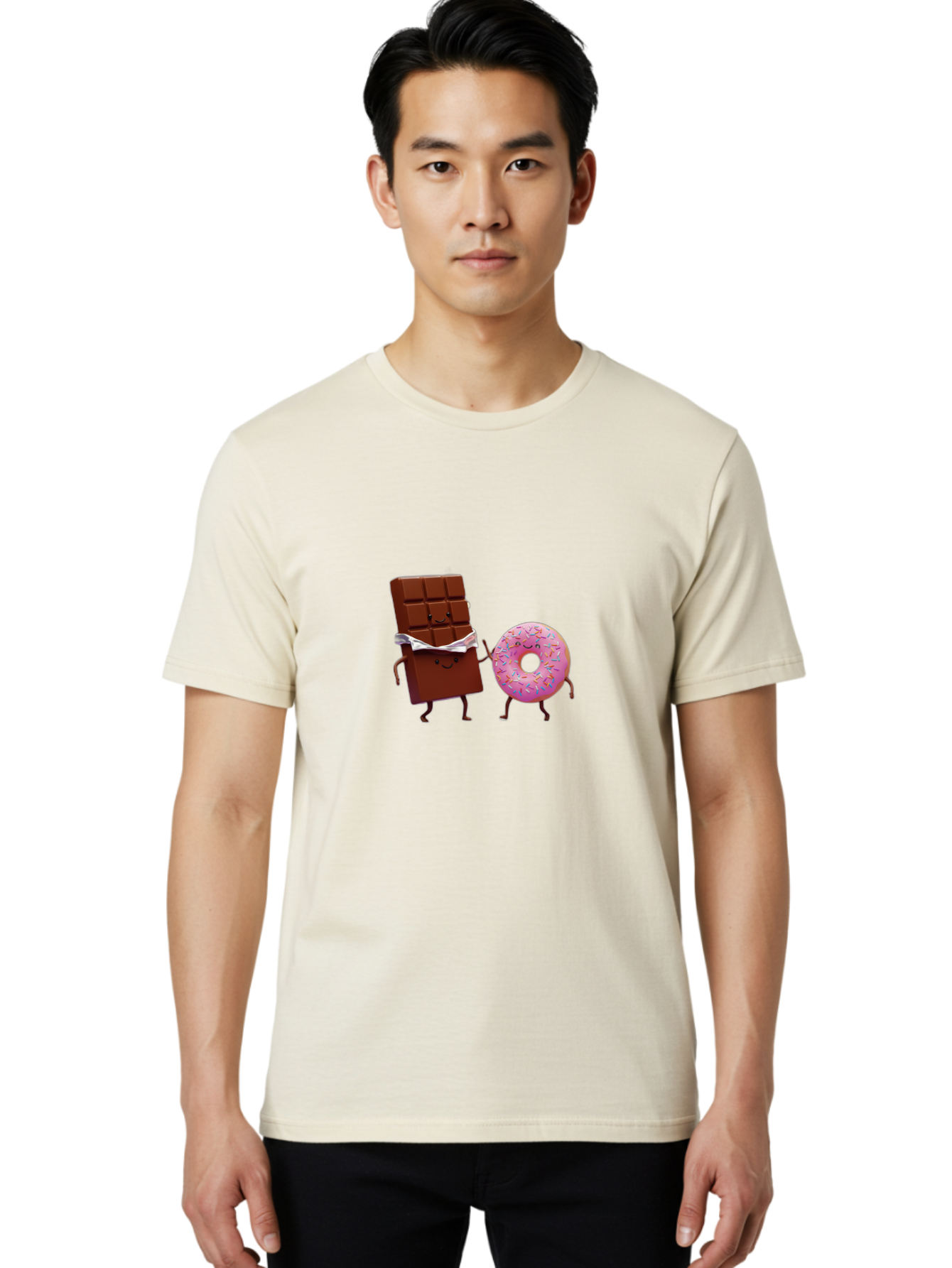 Chocolate-And-Donut Men'S Graphic Tee, 100% Cotton, Comfortable Casual Summer Wear, Machine Washable, Chocolate Bar, Donut With Sprinkles, Cartoon Characters, Sweet Treats, Dessert Lovers, Pastry, Baked Goods, Cute Graphic, Food Illustration Bac847