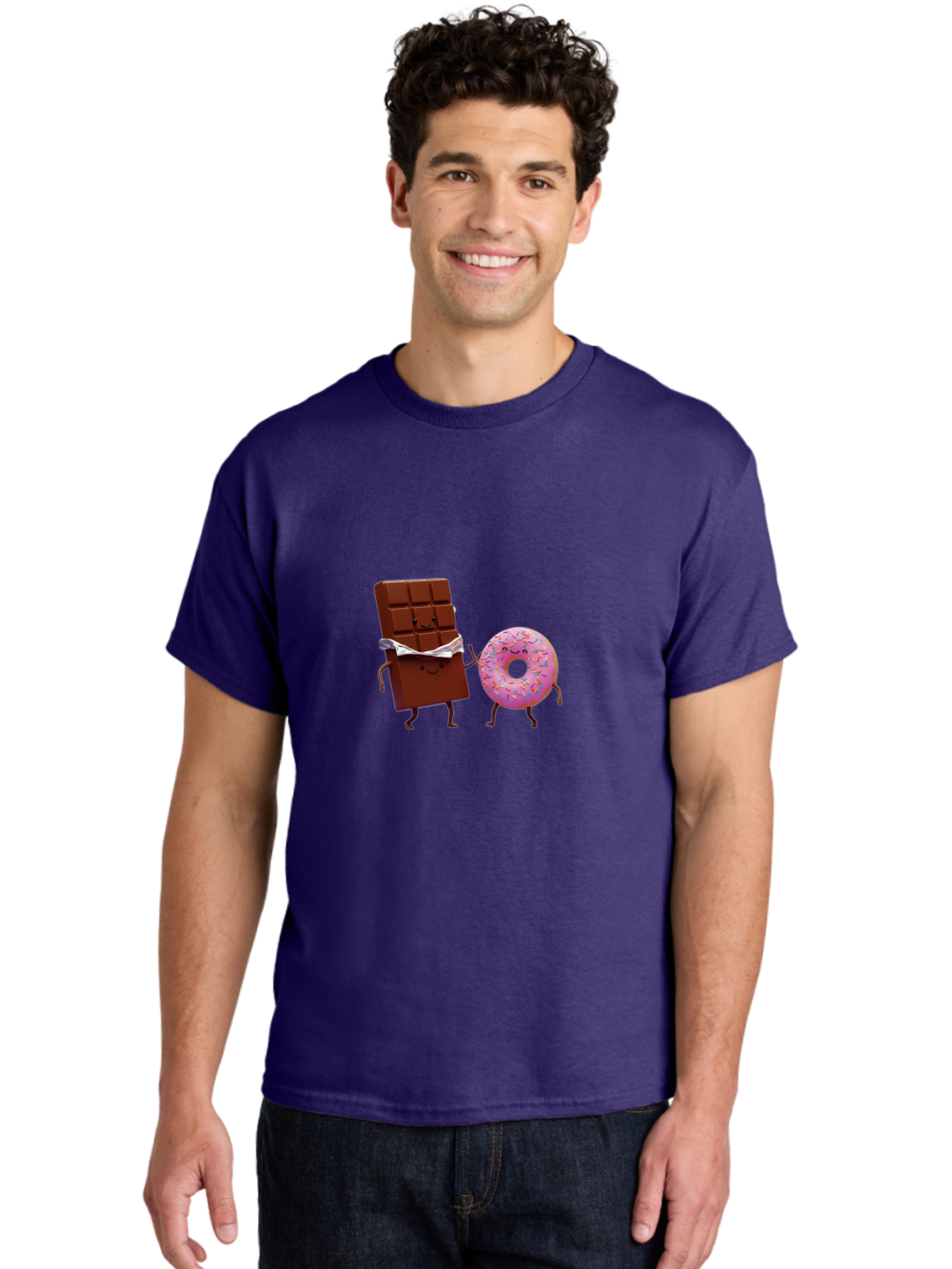 Chocolate-And-Donut Men'S Graphic Tee, 100% Cotton, Comfortable Casual Summer Wear, Machine Washable, Chocolate Bar, Donut With Sprinkles, Cartoon Characters, Sweet Treats, Dessert Lovers, Pastry, Baked Goods, Cute Graphic, Food Illustration Bac847