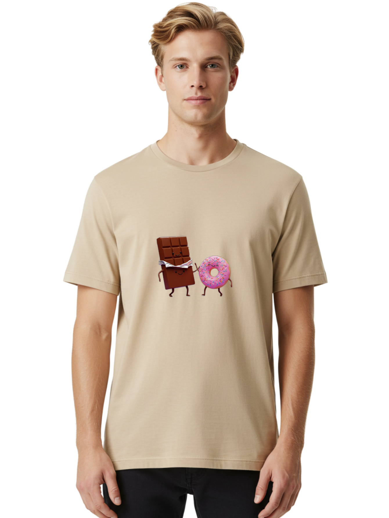 Chocolate-And-Donut Men'S Graphic Tee, 100% Cotton, Comfortable Casual Summer Wear, Machine Washable, Chocolate Bar, Donut With Sprinkles, Cartoon Characters, Sweet Treats, Dessert Lovers, Pastry, Baked Goods, Cute Graphic, Food Illustration Bac847