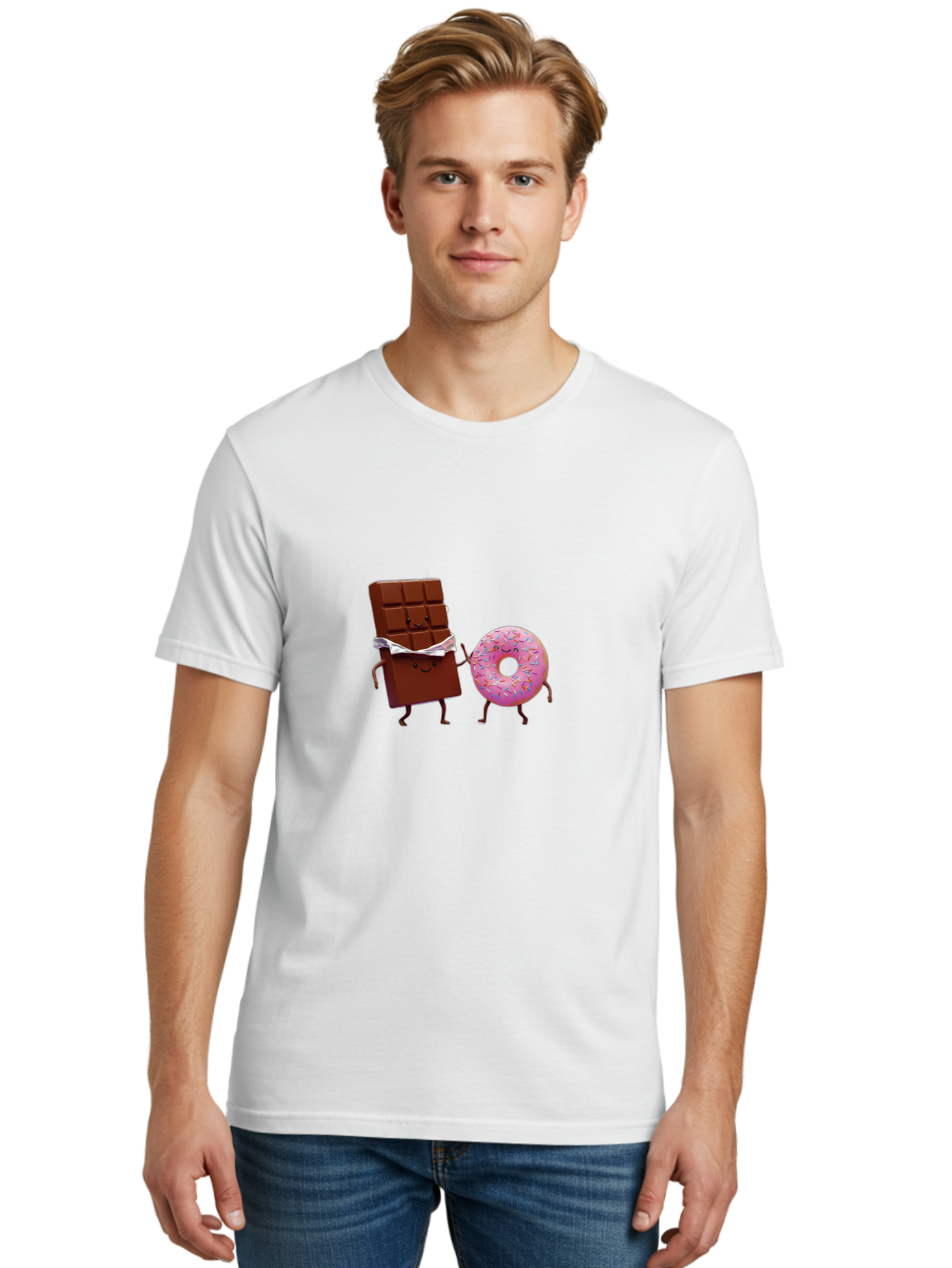 Chocolate-And-Donut Men'S Graphic Tee, 100% Cotton, Comfortable Casual Summer Wear, Machine Washable, Chocolate Bar, Donut With Sprinkles, Cartoon Characters, Sweet Treats, Dessert Lovers, Pastry, Baked Goods, Cute Graphic, Food Illustration Bac847