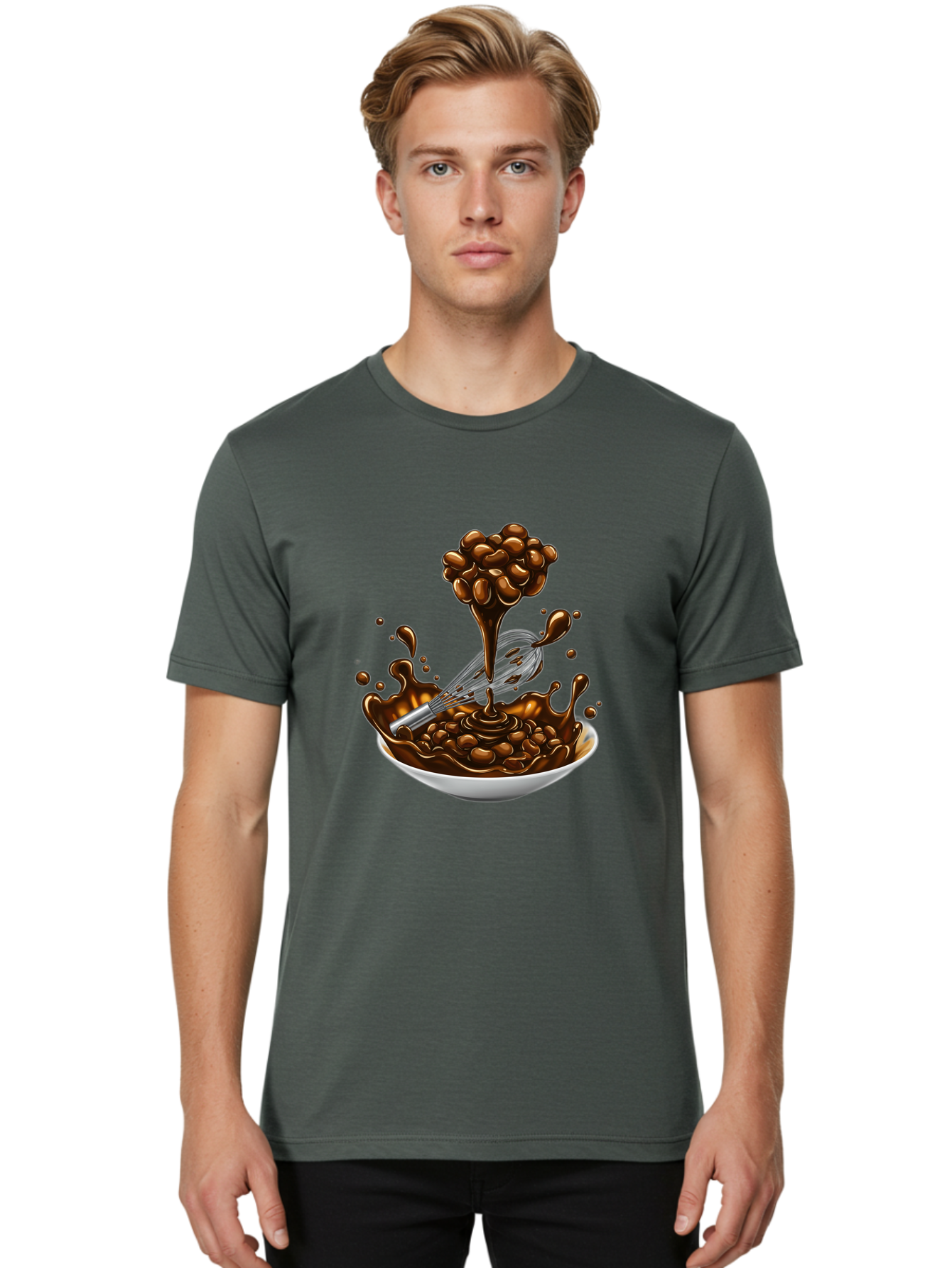 Chocolate Men'S Graphic Tee, 100% Cotton, Comfortable Casual Summer Wear, Machine Washable, Chocolate Sauce, Splatter Art, Whisk, White Bowl, Chocolate Beans, Coffee, Dessert, Sweet Treats, Indulgent, Rich, Decadent, Culinary Delight, Bac848