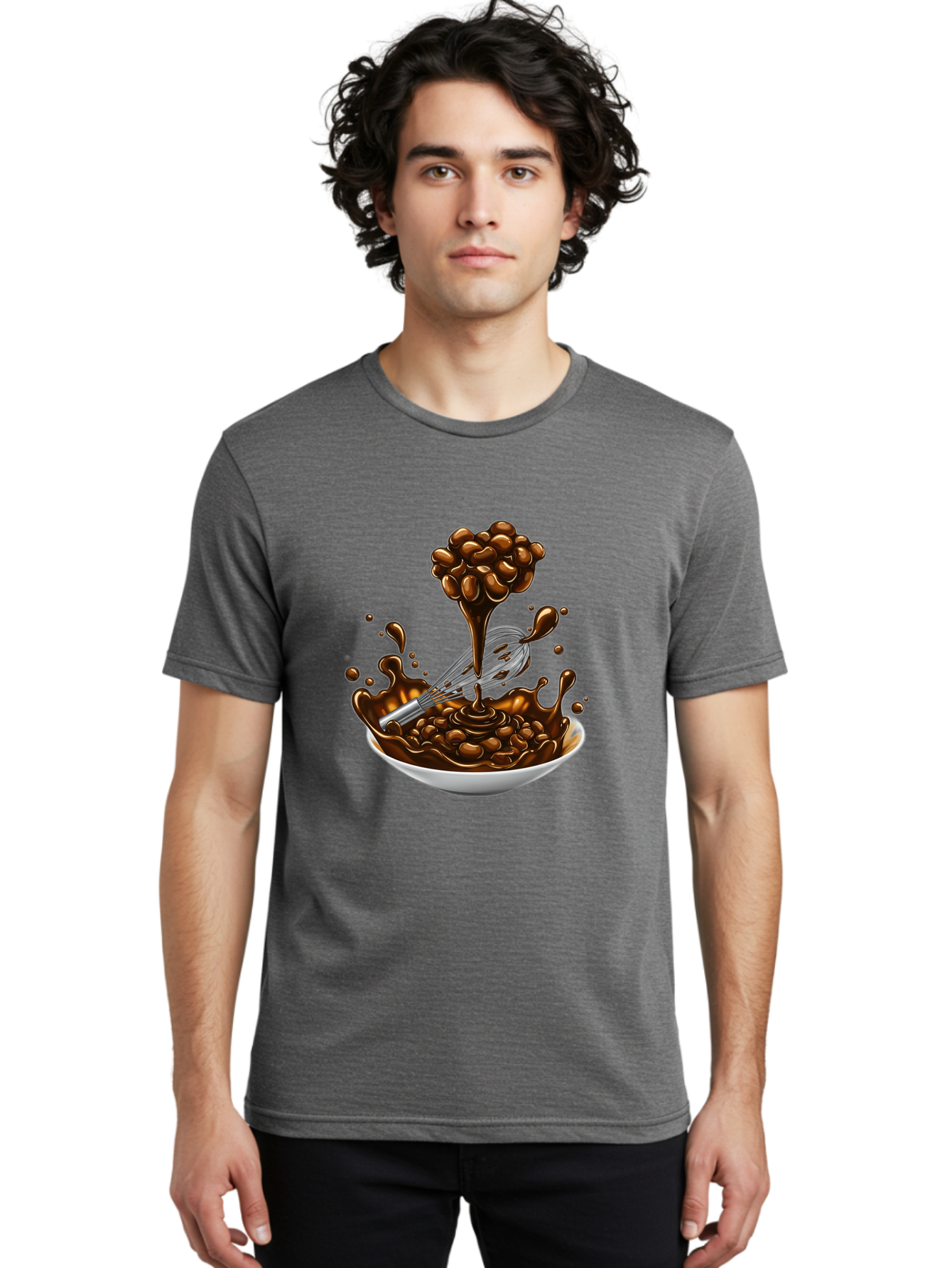 Chocolate Men'S Graphic Tee, 100% Cotton, Comfortable Casual Summer Wear, Machine Washable, Chocolate Sauce, Splatter Art, Whisk, White Bowl, Chocolate Beans, Coffee, Dessert, Sweet Treats, Indulgent, Rich, Decadent, Culinary Delight, Bac848