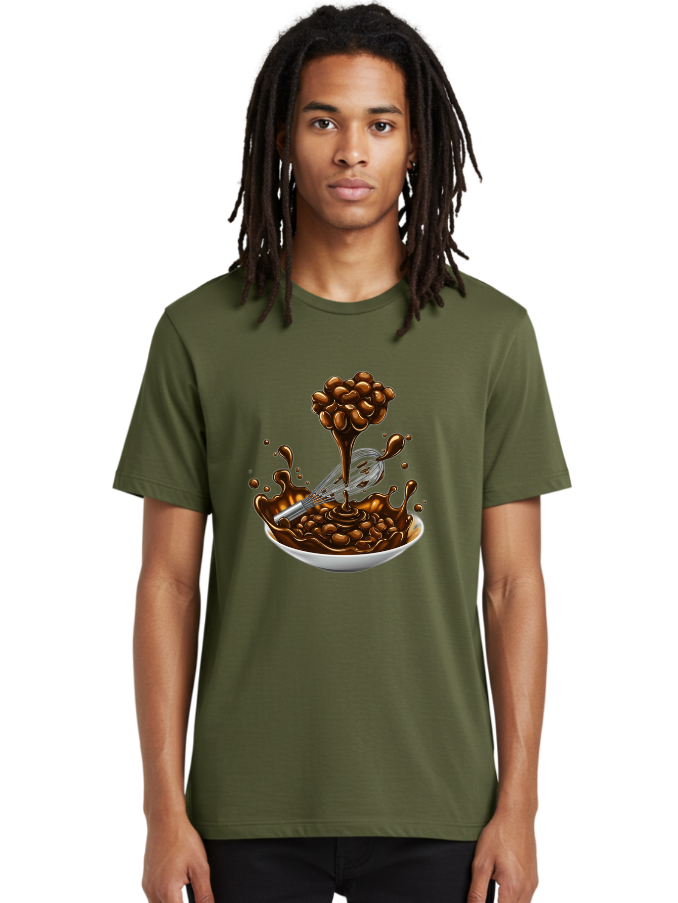 Chocolate Men'S Graphic Tee, 100% Cotton, Comfortable Casual Summer Wear, Machine Washable, Chocolate Sauce, Splatter Art, Whisk, White Bowl, Chocolate Beans, Coffee, Dessert, Sweet Treats, Indulgent, Rich, Decadent, Culinary Delight, Bac848