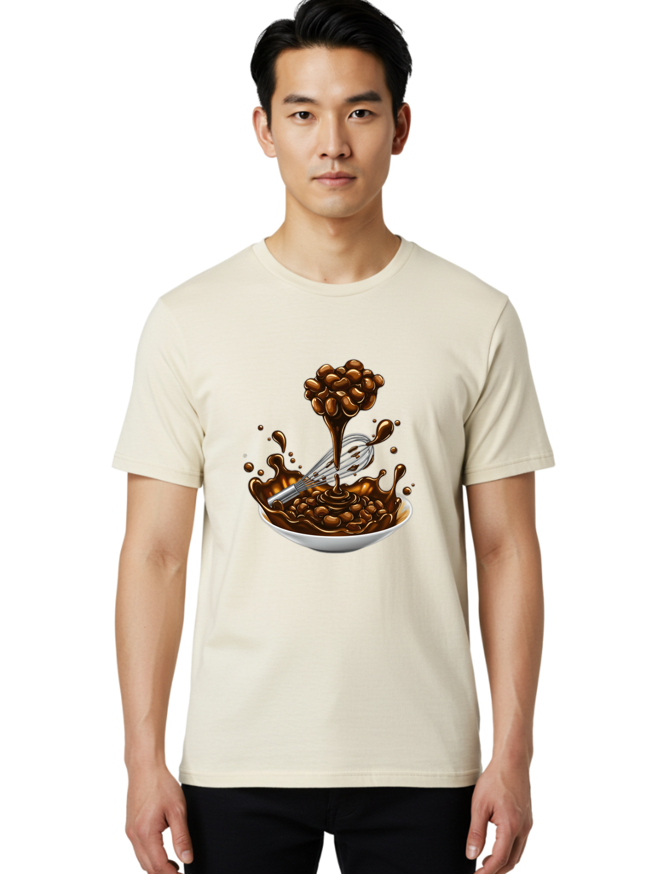 Chocolate Men'S Graphic Tee, 100% Cotton, Comfortable Casual Summer Wear, Machine Washable, Chocolate Sauce, Splatter Art, Whisk, White Bowl, Chocolate Beans, Coffee, Dessert, Sweet Treats, Indulgent, Rich, Decadent, Culinary Delight, Bac848