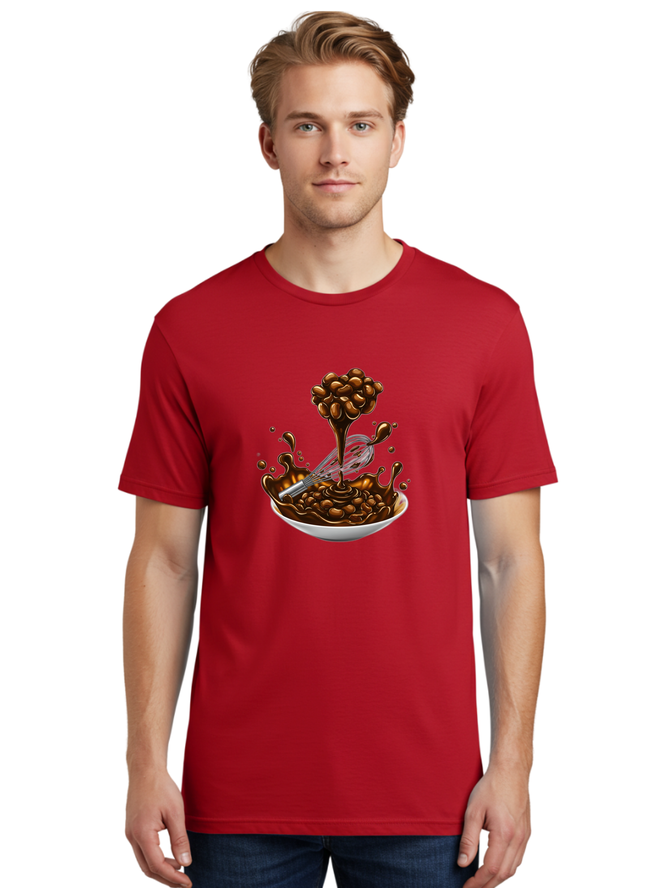 Chocolate Men'S Graphic Tee, 100% Cotton, Comfortable Casual Summer Wear, Machine Washable, Chocolate Sauce, Splatter Art, Whisk, White Bowl, Chocolate Beans, Coffee, Dessert, Sweet Treats, Indulgent, Rich, Decadent, Culinary Delight, Bac848