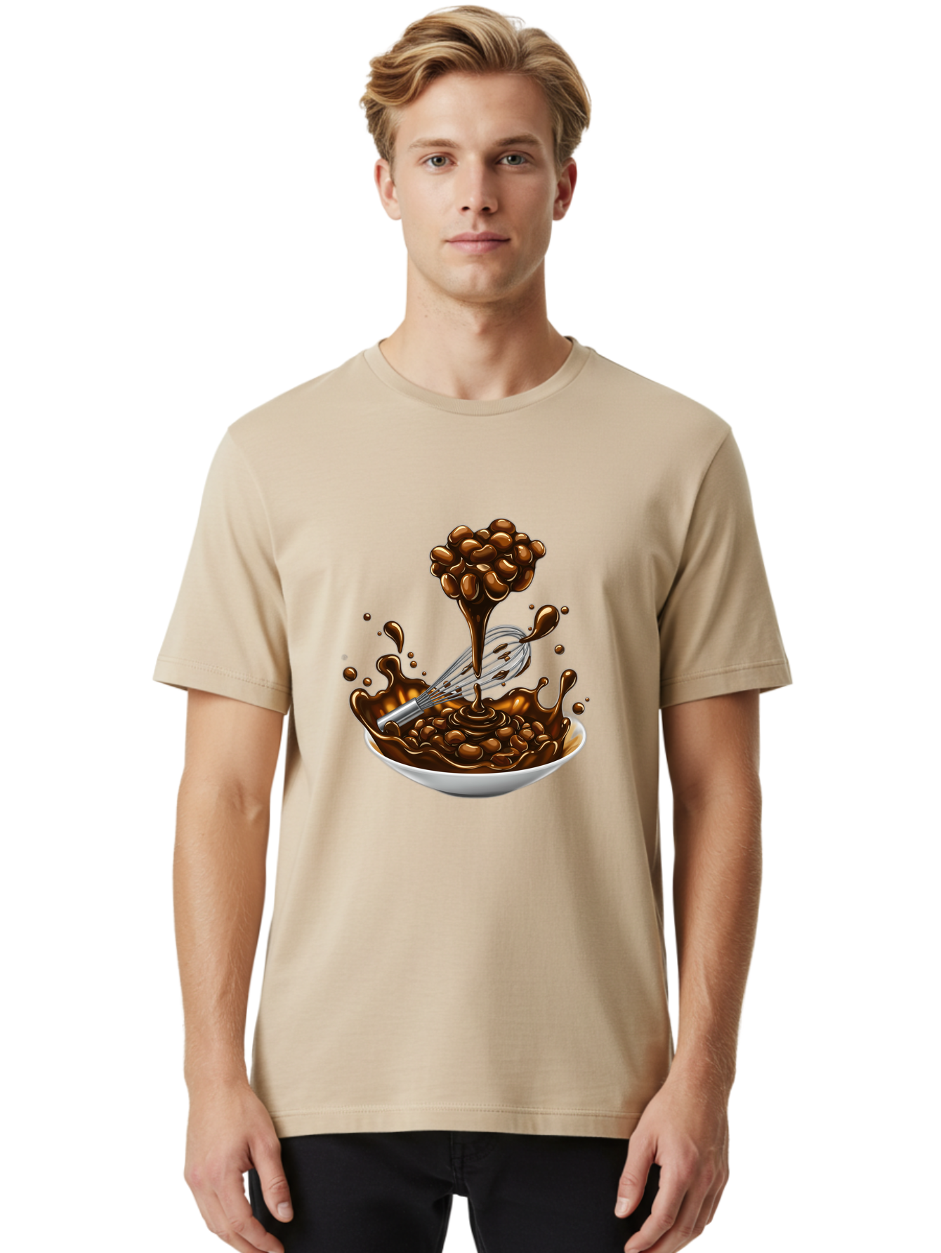 Chocolate Men'S Graphic Tee, 100% Cotton, Comfortable Casual Summer Wear, Machine Washable, Chocolate Sauce, Splatter Art, Whisk, White Bowl, Chocolate Beans, Coffee, Dessert, Sweet Treats, Indulgent, Rich, Decadent, Culinary Delight, Bac848