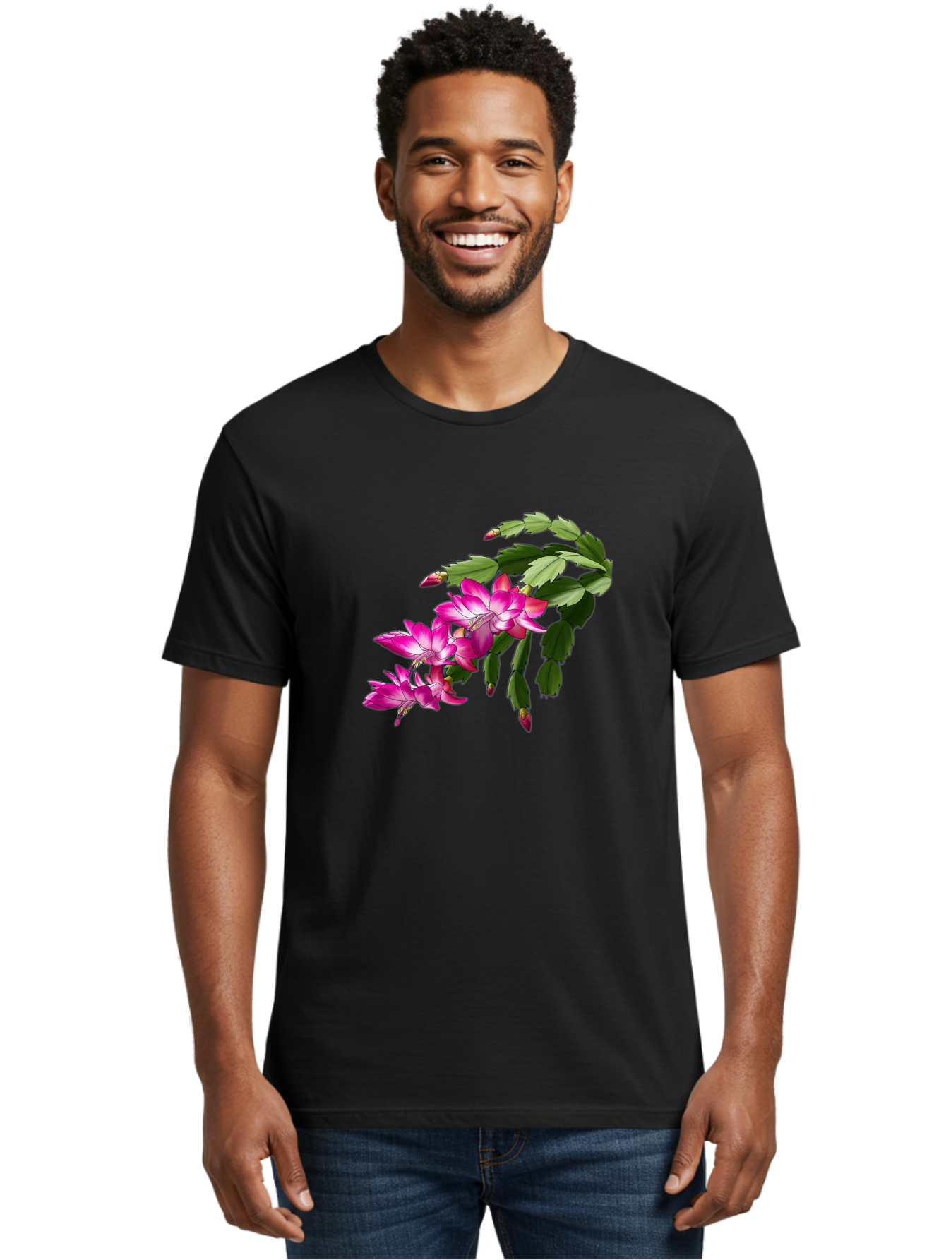 Christmas-Cactus Men'S Graphic Tee, 100% Cotton, Comfortable Casual Summer Wear, Machine Washable, Pink Flowers, Christmas Cactus, Festive Blooms, Holiday Decor, Vibrant Pink, White Accents, Green Leaves, Blooming Plants, Floral Arrangements Bac849