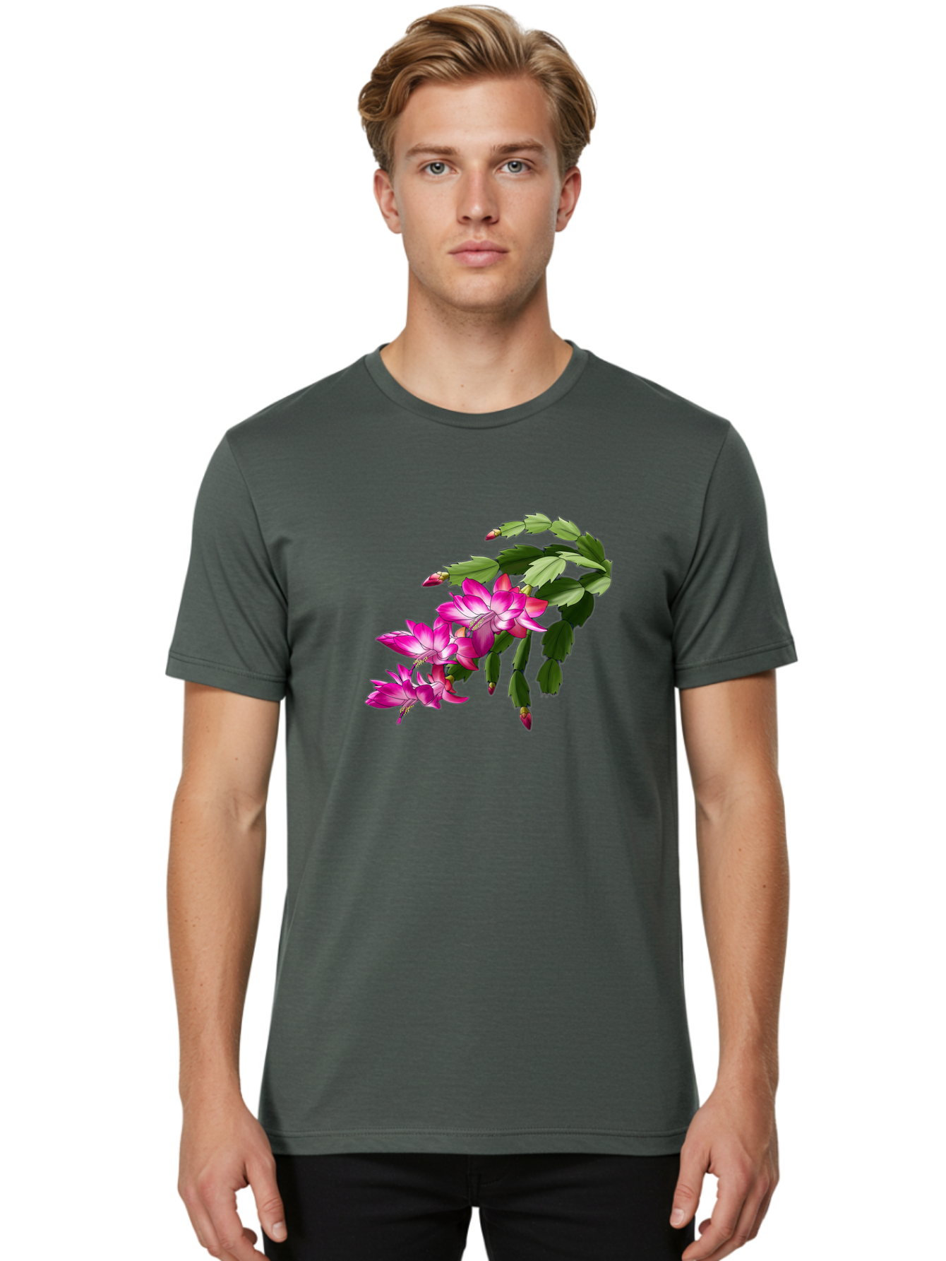 Christmas-Cactus Men'S Graphic Tee, 100% Cotton, Comfortable Casual Summer Wear, Machine Washable, Pink Flowers, Christmas Cactus, Festive Blooms, Holiday Decor, Vibrant Pink, White Accents, Green Leaves, Blooming Plants, Floral Arrangements Bac849