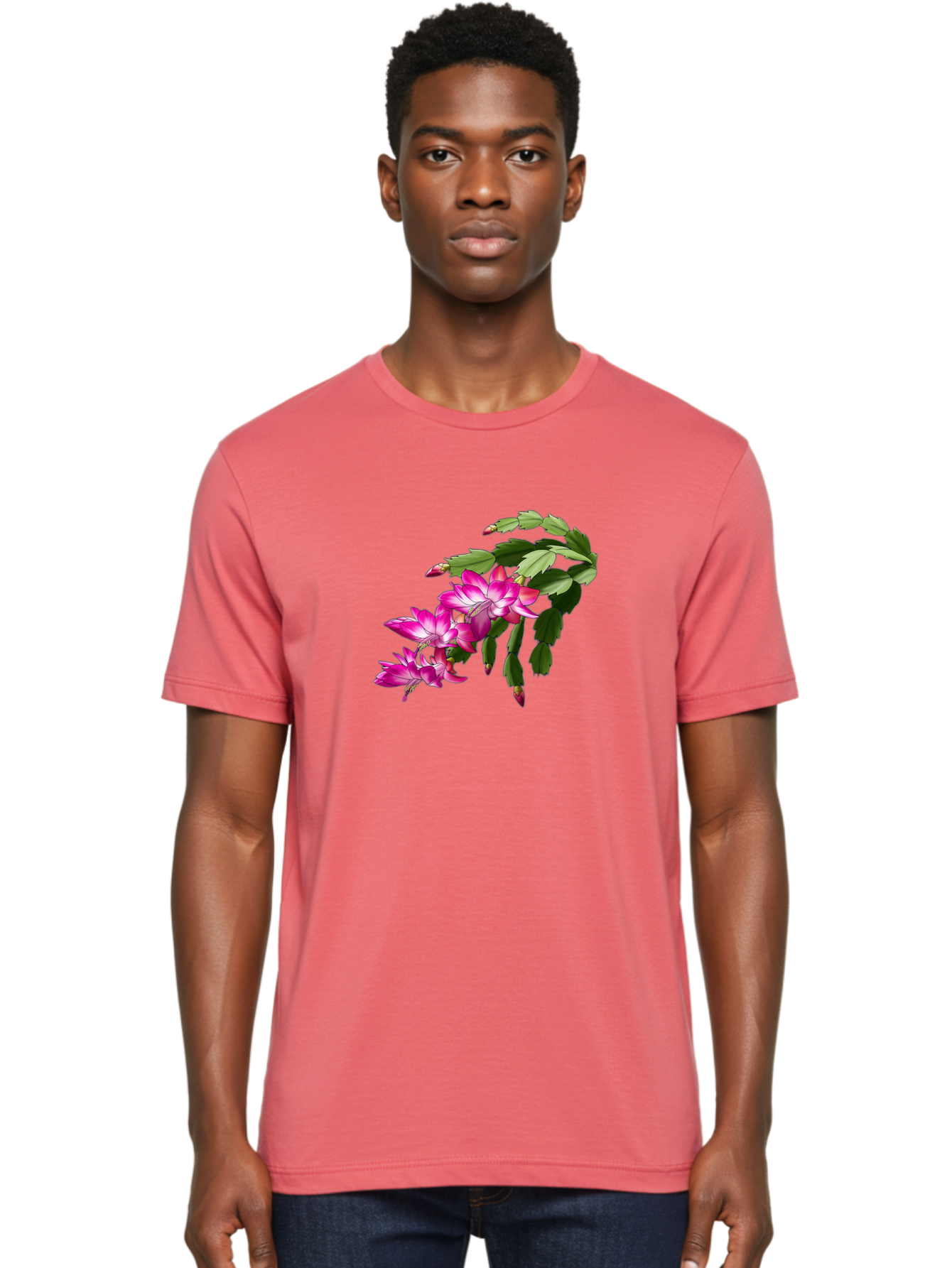 Christmas-Cactus Men'S Graphic Tee, 100% Cotton, Comfortable Casual Summer Wear, Machine Washable, Pink Flowers, Christmas Cactus, Festive Blooms, Holiday Decor, Vibrant Pink, White Accents, Green Leaves, Blooming Plants, Floral Arrangements Bac849