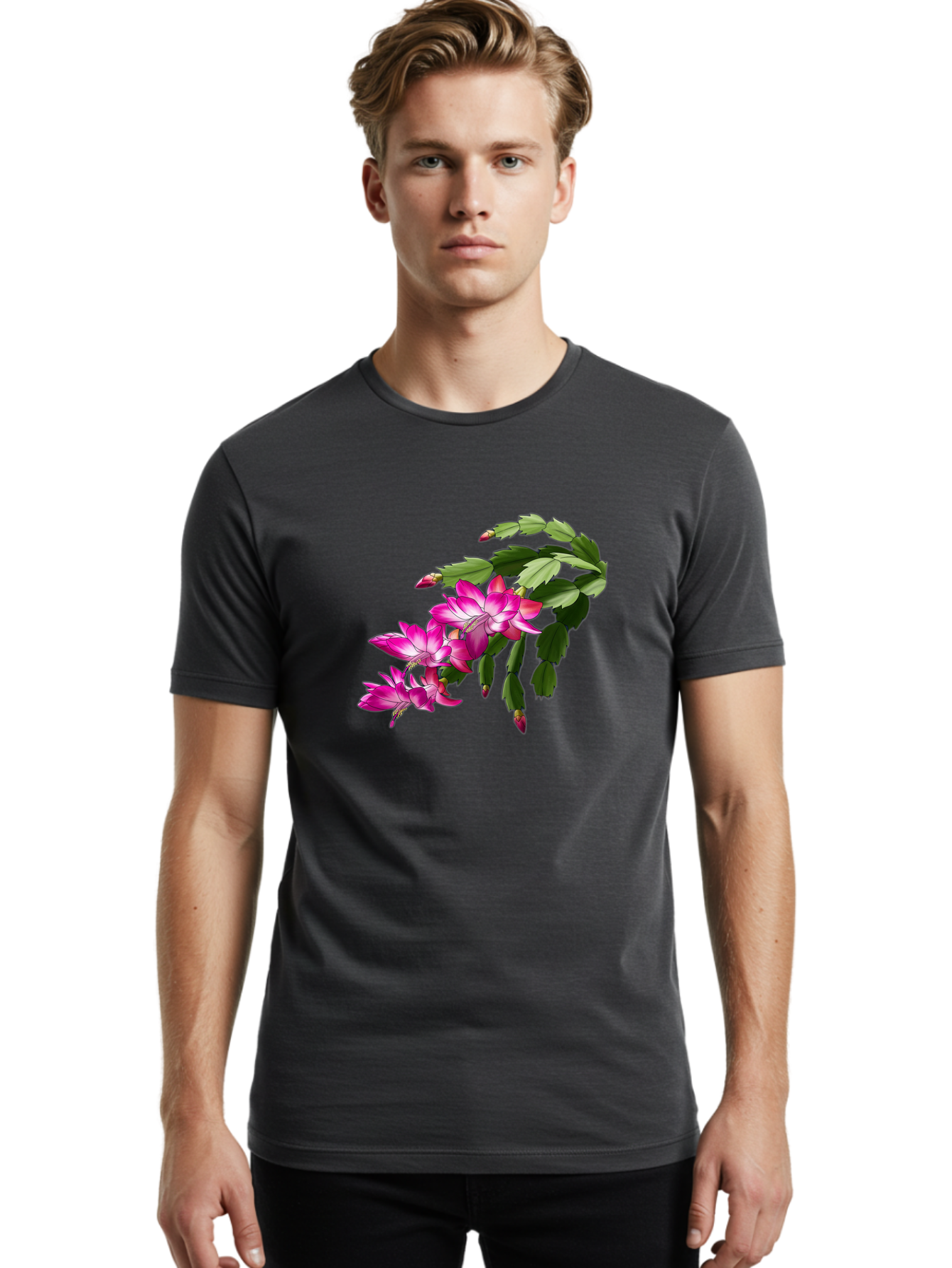 Christmas-Cactus Men'S Graphic Tee, 100% Cotton, Comfortable Casual Summer Wear, Machine Washable, Pink Flowers, Christmas Cactus, Festive Blooms, Holiday Decor, Vibrant Pink, White Accents, Green Leaves, Blooming Plants, Floral Arrangements Bac849