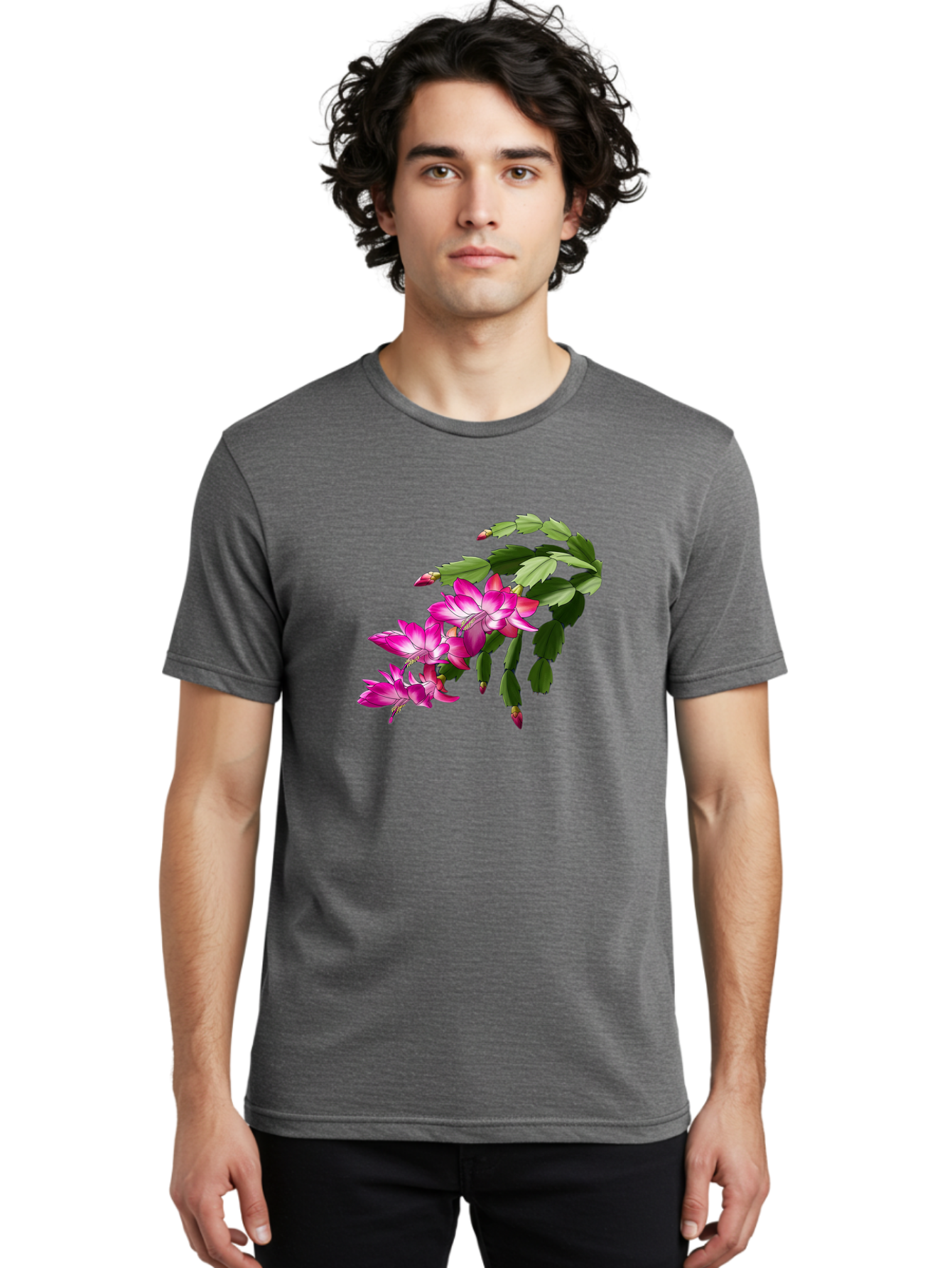 Christmas-Cactus Men'S Graphic Tee, 100% Cotton, Comfortable Casual Summer Wear, Machine Washable, Pink Flowers, Christmas Cactus, Festive Blooms, Holiday Decor, Vibrant Pink, White Accents, Green Leaves, Blooming Plants, Floral Arrangements Bac849
