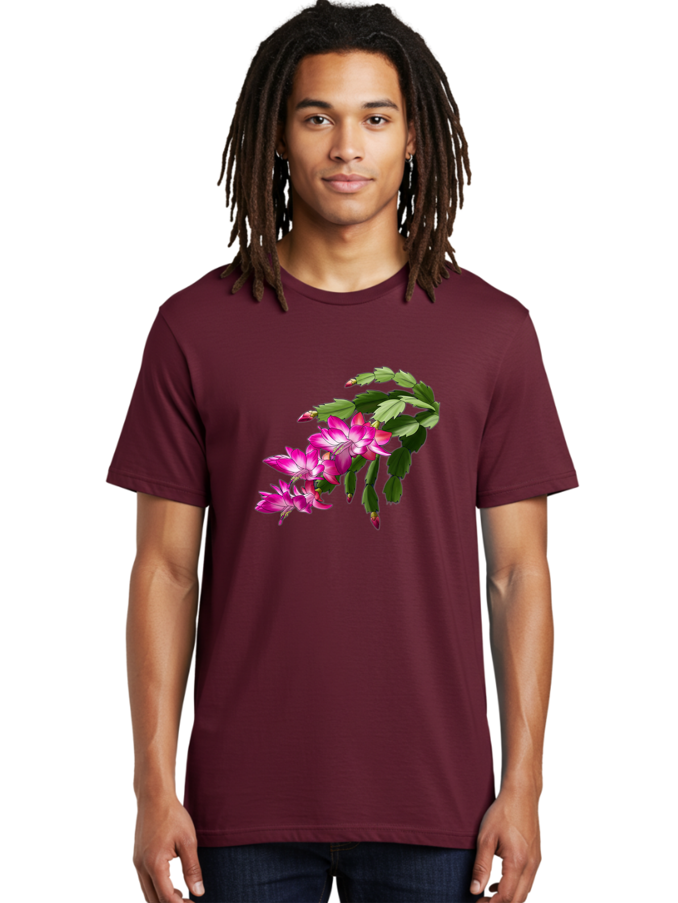 Christmas-Cactus Men'S Graphic Tee, 100% Cotton, Comfortable Casual Summer Wear, Machine Washable, Pink Flowers, Christmas Cactus, Festive Blooms, Holiday Decor, Vibrant Pink, White Accents, Green Leaves, Blooming Plants, Floral Arrangements Bac849