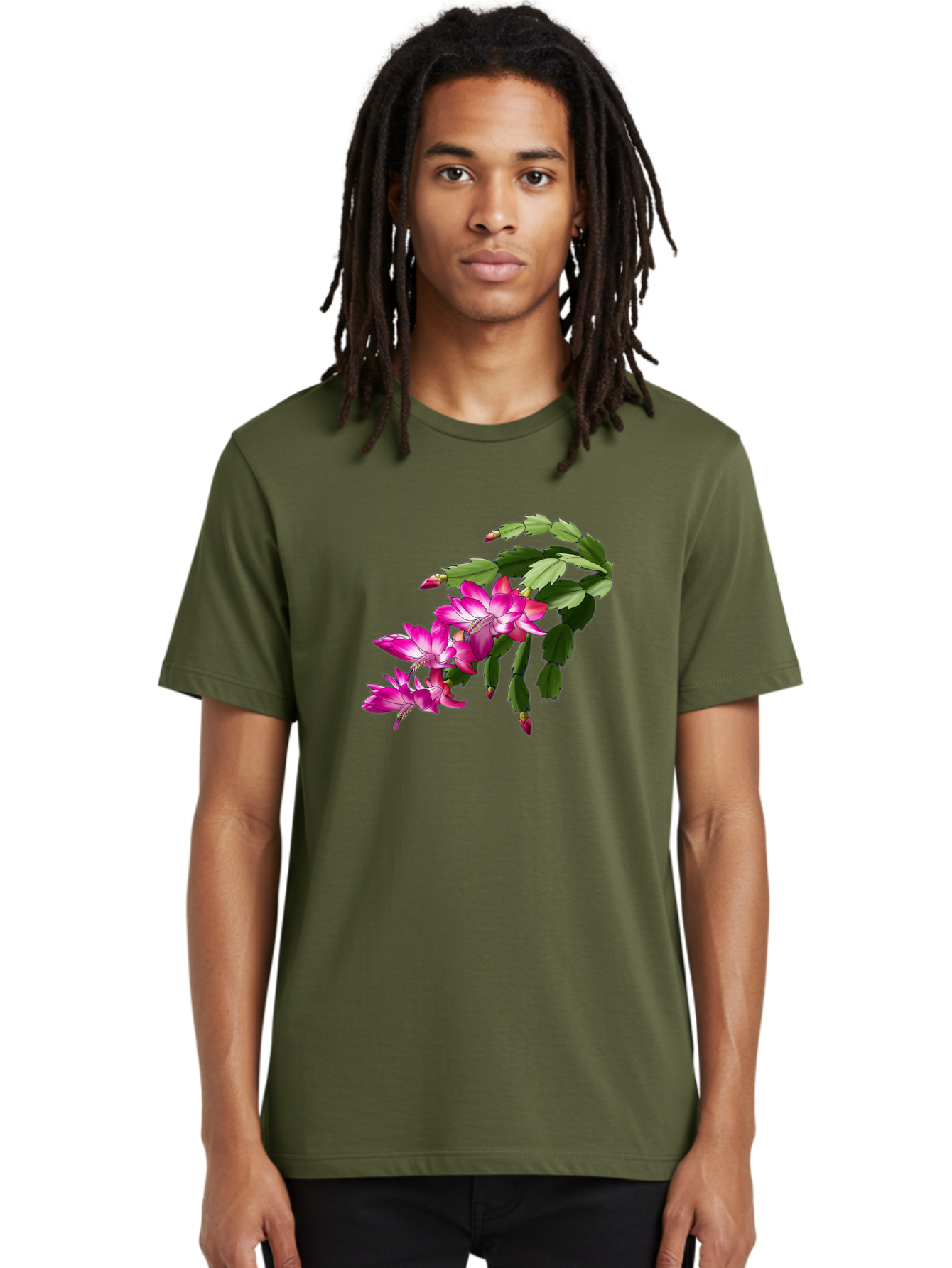 Christmas-Cactus Men'S Graphic Tee, 100% Cotton, Comfortable Casual Summer Wear, Machine Washable, Pink Flowers, Christmas Cactus, Festive Blooms, Holiday Decor, Vibrant Pink, White Accents, Green Leaves, Blooming Plants, Floral Arrangements Bac849