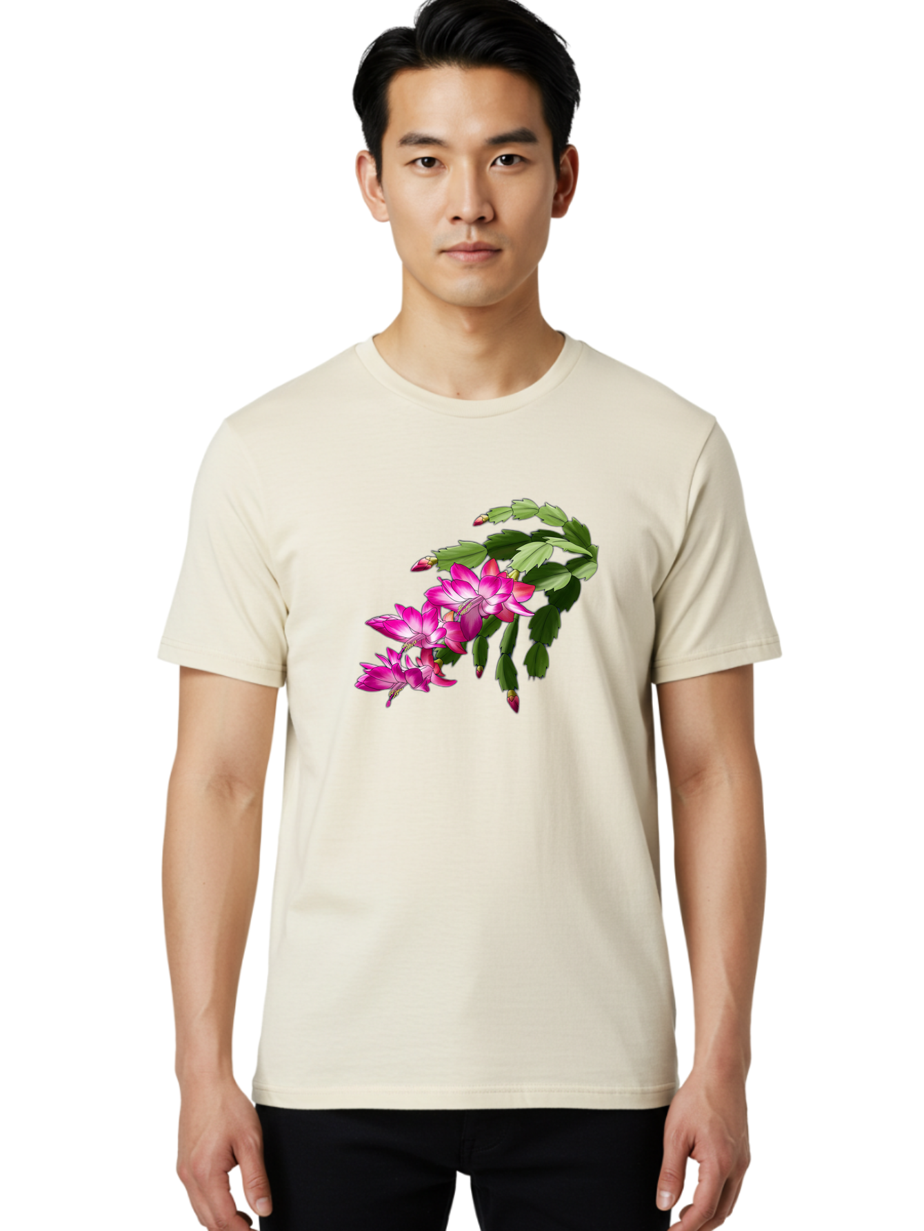 Christmas-Cactus Men'S Graphic Tee, 100% Cotton, Comfortable Casual Summer Wear, Machine Washable, Pink Flowers, Christmas Cactus, Festive Blooms, Holiday Decor, Vibrant Pink, White Accents, Green Leaves, Blooming Plants, Floral Arrangements Bac849