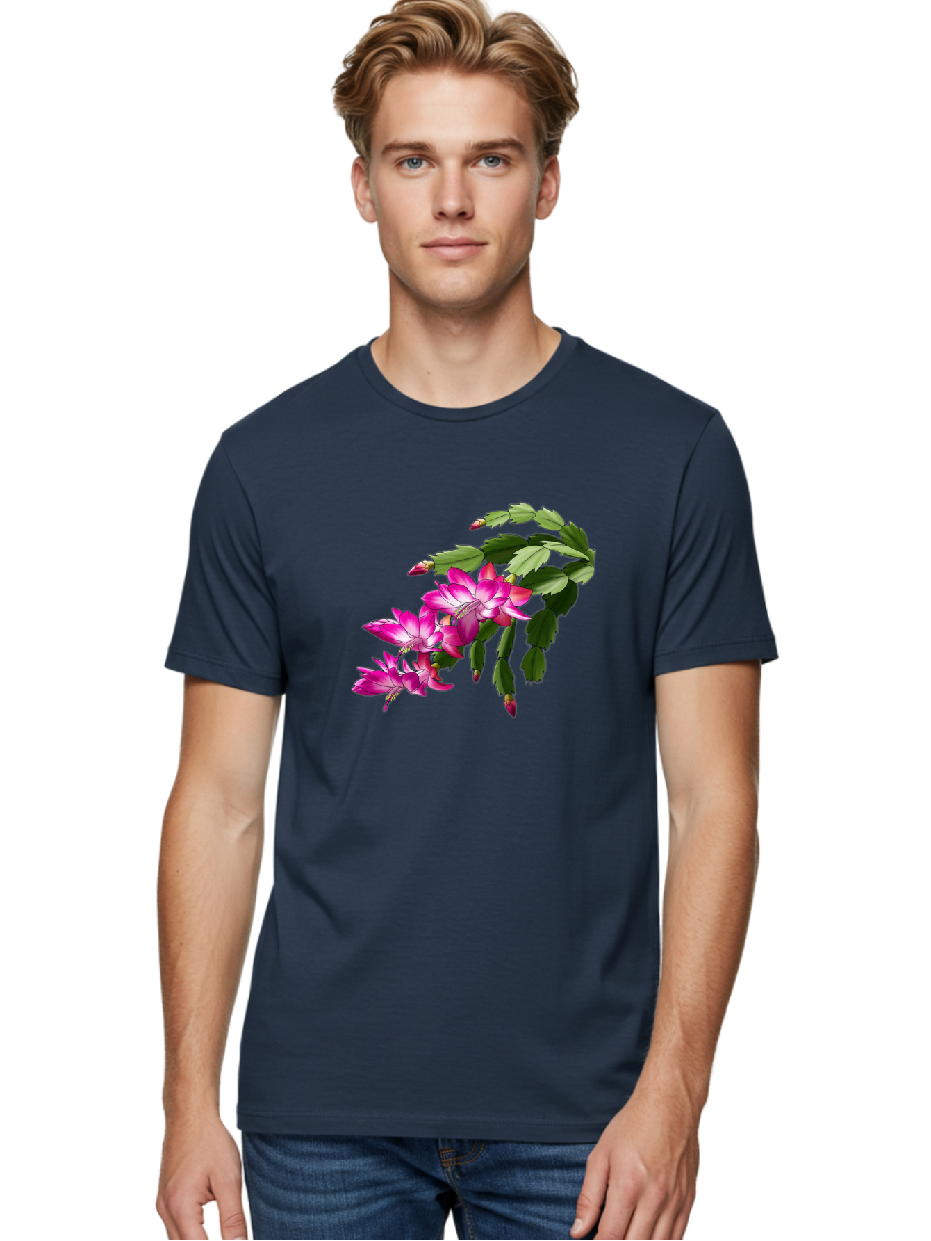 Christmas-Cactus Men'S Graphic Tee, 100% Cotton, Comfortable Casual Summer Wear, Machine Washable, Pink Flowers, Christmas Cactus, Festive Blooms, Holiday Decor, Vibrant Pink, White Accents, Green Leaves, Blooming Plants, Floral Arrangements Bac849