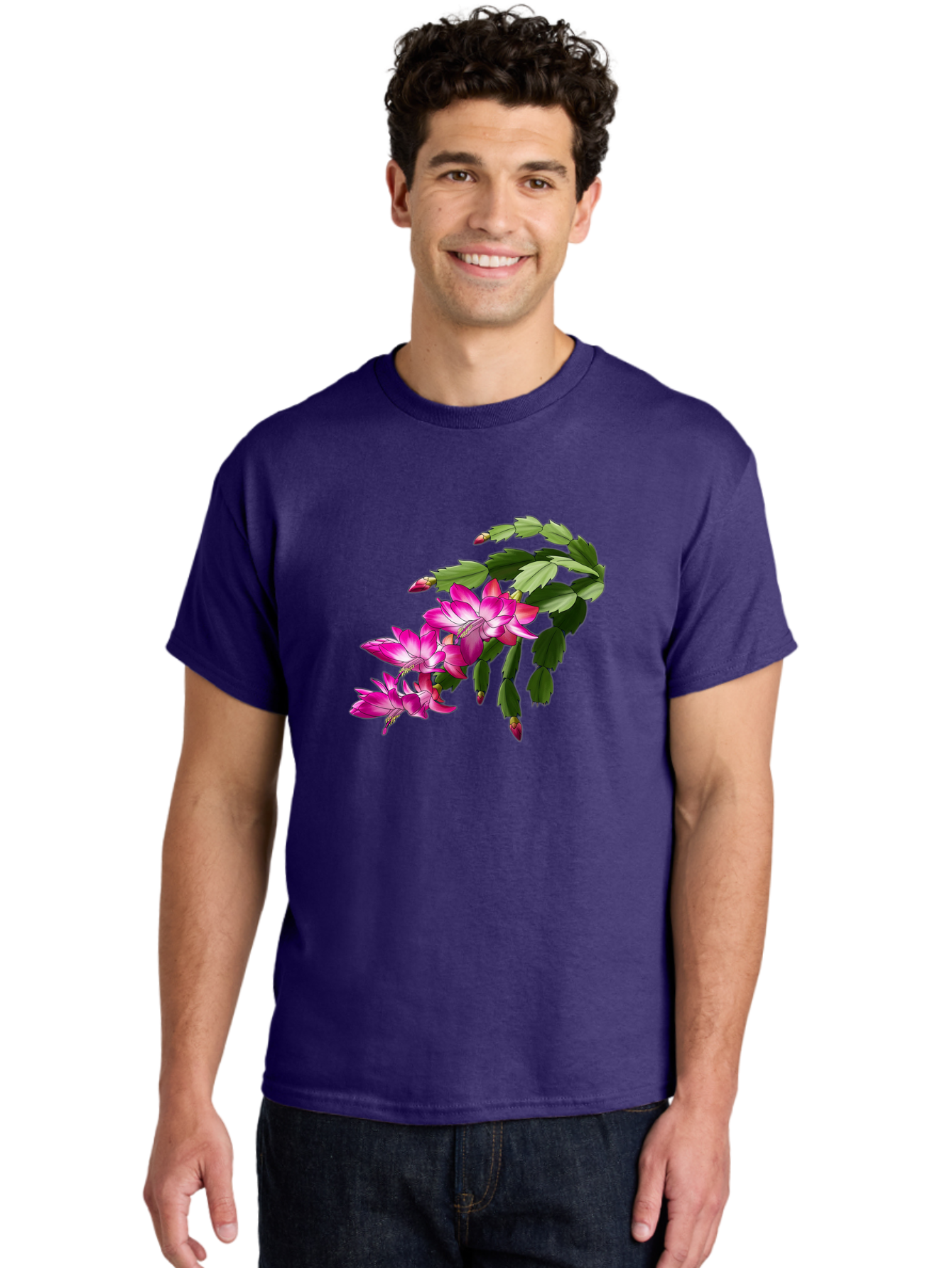 Christmas-Cactus Men'S Graphic Tee, 100% Cotton, Comfortable Casual Summer Wear, Machine Washable, Pink Flowers, Christmas Cactus, Festive Blooms, Holiday Decor, Vibrant Pink, White Accents, Green Leaves, Blooming Plants, Floral Arrangements Bac849