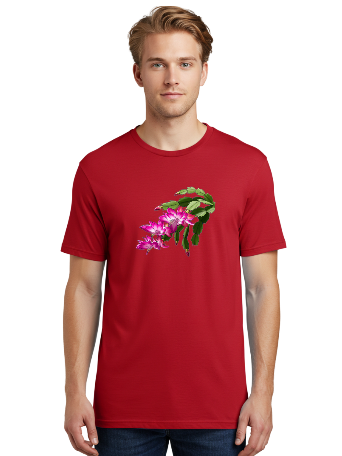 Christmas-Cactus Men'S Graphic Tee, 100% Cotton, Comfortable Casual Summer Wear, Machine Washable, Pink Flowers, Christmas Cactus, Festive Blooms, Holiday Decor, Vibrant Pink, White Accents, Green Leaves, Blooming Plants, Floral Arrangements Bac849